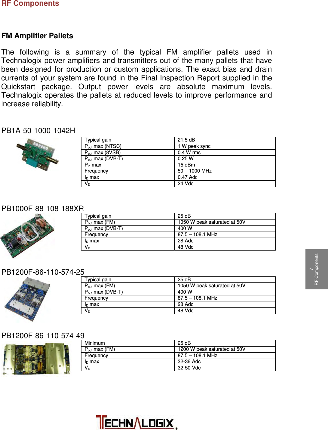           1 Safeguards  2 Terms and Warranty 3 Principle of Operation 4 Installation 5 Operation 6 Control System 7 RF Components 7 RF Components 9 Maintenance 10 Troubleshooting  RF Components  FM Amplifier Pallets The following is a summary of the typical  FM  amplifier pallets used in Technalogix power amplifiers and transmitters out of the many pallets that have been designed for production or custom applications. The exact bias and drain currents of your system are found in the Final Inspection Report supplied in the Quickstart  package. Output power levels are absolute maximum levels. Technalogix operates the pallets at reduced levels to improve performance and increase reliability.  PB1A-50-1000-1042H Typical gain 21.5 dB Pout max (NTSC) 1 W peak sync Pout max (8VSB) 0.4 W rms Pout max (DVB-T) 0.25 W Pin max 15 dBm Frequency 50 – 1000 MHz ID max 0.47 Adc VD 24 Vdc   PB1000F-88-108-188XR Typical gain 25 dB Pout max (FM) 1050 W peak saturated at 50V Pout max (DVB-T) 400 W Frequency 87.5 – 108.1 MHz ID max 28 Adc VD 48 Vdc   PB1200F-86-110-574-25 Typical gain 25 dB Pout max (FM) 1050 W peak saturated at 50V Pout max (DVB-T) 400 W Frequency 87.5 – 108.1 MHz ID max 28 Adc VD 48 Vdc   PB1200F-86-110-574-49 Minimum 25 dB Pout max (FM) 1200 W peak saturated at 50V Frequency 87.5 – 108.1 MHz ID max 32-36 Adc VD 32-50 Vdc    