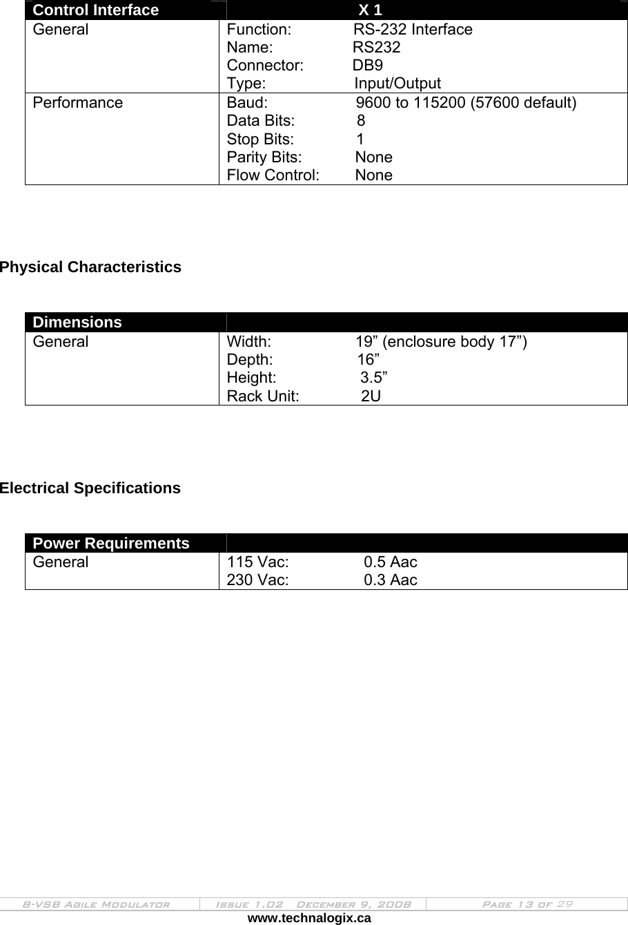  8-VSB Agile Modulator  Issue 1.02   December 9, 2008  Page 13 of 29 www.technalogix.ca     Control Interface                                             X 1 General  Function:              RS-232 Interface Name:                  RS232 Connector:           DB9 Type:                    Input/Output Performance  Baud:                    9600 to 115200 (57600 default) Data Bits:              8 Stop Bits:              1 Parity Bits:            None Flow Control:        None     Physical Characteristics   Dimensions                                           General  Width:                   19” (enclosure body 17”) Depth:                   16” Height:                   3.5” Rack Unit:              2U     Electrical Specifications   Power Requirements                                     General  115 Vac:                 0.5 Aac 230 Vac:                 0.3 Aac    