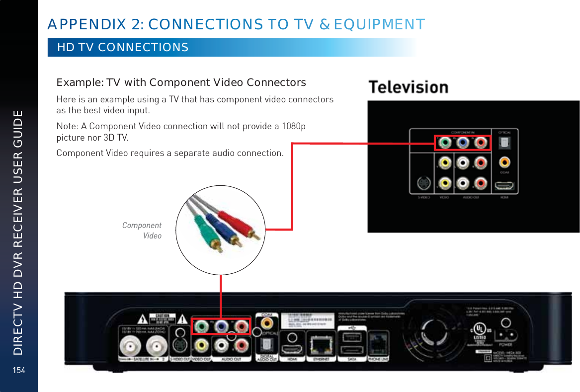 154DIRECTV HD DVR RECEIVER USER GUIDEExample: TV with Component Video ConnectorsHere is an example using a TV that has component video connectors as the best video input.Note: A Component Video connection will not provide a 1080p picture nor 3D TV.Component Video requires a separate audio connection.HD TV CONNECTIONSComponent VideoAPPPENDDIX 2222: COONNECCTIOOONS TTOO TVVV &amp; EEQUUIPPMMENNT