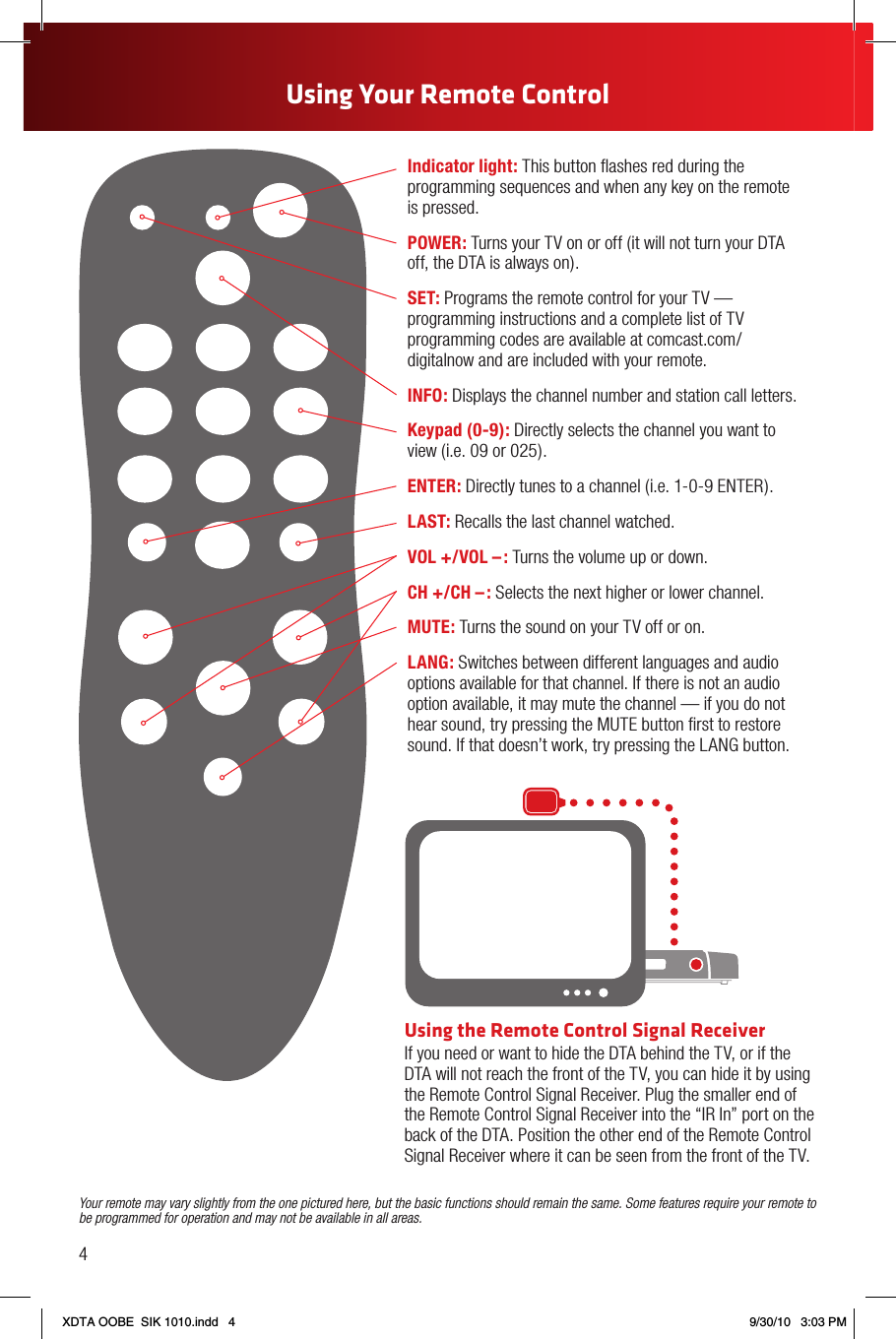 Your remote may vary slightly from the one pictured here, but the basic functions should remain the same. Some features require your remote to be programmed for operation and may not be available in all areas.  Indicator light: This button ﬂashes red during the programming sequences and when any key on the remote is pressed.POWER: Turns your TV on or off (it will not turn your DTA off, the DTA is always on).SET: Programs the remote control for your TV — programming instructions and a complete list of TV programming codes are available at comcast.com/digitalnow and are included with your remote.INFO: Displays the channel number and station call letters.Keypad (0-9): Directly selects the channel you want to view (i.e. 09 or 025).ENTER: Directly tunes to a channel (i.e. 1-0-9 ENTER).LAST: Recalls the last channel watched.VOL +/VOL – : Turns the volume up or down.CH +/CH – : Selects the next higher or lower channel.MUTE: Turns the sound on your TV off or on.LANG: Switches between different languages and audio options available for that channel. If there is not an audio option available, it may mute the channel — if you do not hear sound, try pressing the MUTE button ﬁrst to restore sound. If that doesn’t work, try pressing the LANG button.   Using the Remote Control Signal ReceiverIf you need or want to hide the DTA behind the TV, or if the DTA will not reach the front of the TV, you can hide it by using the Remote Control Signal Receiver. Plug the smaller end of the Remote Control Signal Receiver into the “IR In” port on the back of the DTA. Position the other end of the Remote Control Signal Receiver where it can be seen from the front of the TV.4Using Your Remote ControlXDTA OOBE  SIK 1010.indd   4 9/30/10   3:03 PM
