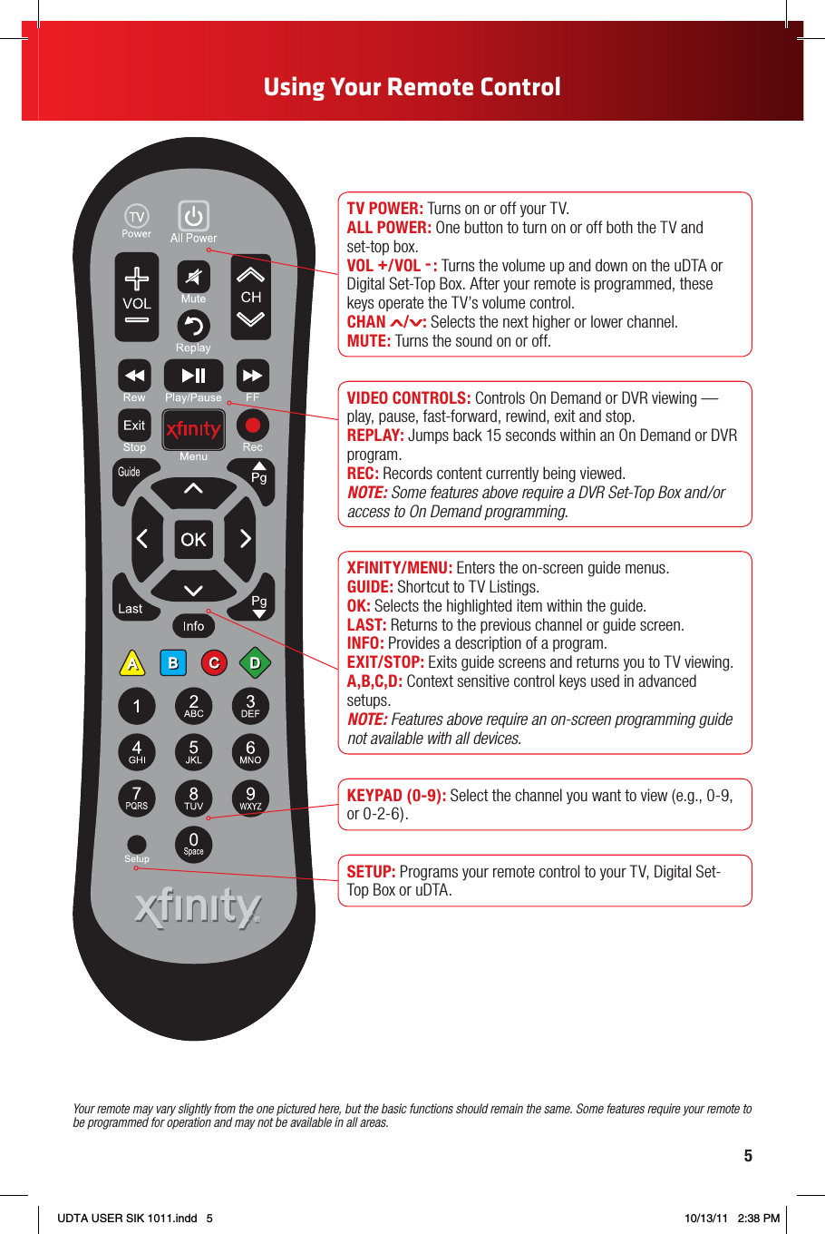 5Using Your Remote ControlYour remote may vary slightly from the one pictured here, but the basic functions should remain the same. Some features require your remote to be programmed for operation and may not be available in all areas.  TV POWER: Turns on or off your TV.ALL POWER: One button to turn on or off both the TV and set‑top box.VOL +/VOL - : Turns the volume up and down on the uDTA or Digital Set‑Top Box. After your remote is programmed, these keys operate the TV’s volume control.CHAN  / : Selects the next higher or lower channel.MUTE: Turns the sound on or off. VIDEO CONTROLS: Controls On Demand or DVR viewing — play, pause, fast‑forward, rewind, exit and stop.REPLAY: Jumps back 15 seconds within an On Demand or DVR program.REC: Records content currently being viewed.NOTE: Some features above require a DVR Set-Top Box and/or access to On Demand programming.XFINITY/MENU: Enters the on‑screen guide menus.GUIDE: Shortcut to TV Listings.OK: Selects the highlighted item within the guide.LAST: Returns to the previous channel or guide screen.INFO: Provides a description of a program.EXIT/STOP: Exits guide screens and returns you to TV viewing.A,B,C,D: Context sensitive control keys used in advanced setups.NOTE: Features above require an on-screen programming guide not available with all devices.KEYPAD (0-9): Select the channel you want to view (e.g., 0‑9, or 0‑2‑6).SETUP: Programs your remote control to your TV, Digital Set‑Top Box or uDTA.UDTA USER SIK 1011.indd   5 10/13/11   2:38 PM