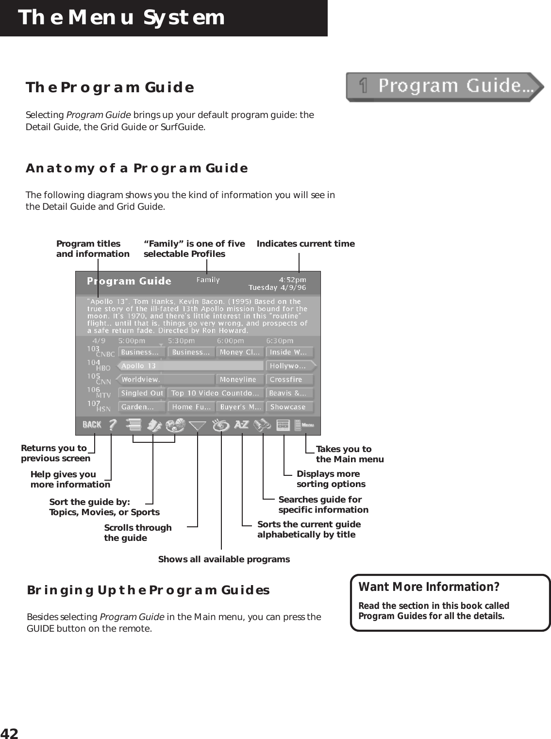 The Menu System42The Program GuideSelecting Program Guide brings up your default program guide: theDetail Guide, the Grid Guide or SurfGuide.Anatomy of a Program GuideThe following diagram shows you the kind of information you will see inthe Detail Guide and Grid Guide.Bringing Up the Program GuidesBesides selecting Program Guide in the Main menu, you can press theGUIDE button on the remote.Displays moresorting options“Family” is one of fiveselectable ProfilesProgram titlesand informationReturns you toprevious screenHelp gives youmore informationSort the guide by:Topics, Movies, or Sports Sorts the current guidealphabetically by titleSearches guide forspecific informationTakes you tothe Main menuScrolls throughthe guideShows all available programsIndicates current timeWant More Information?Read the section in this book calledProgram Guides for all the details.