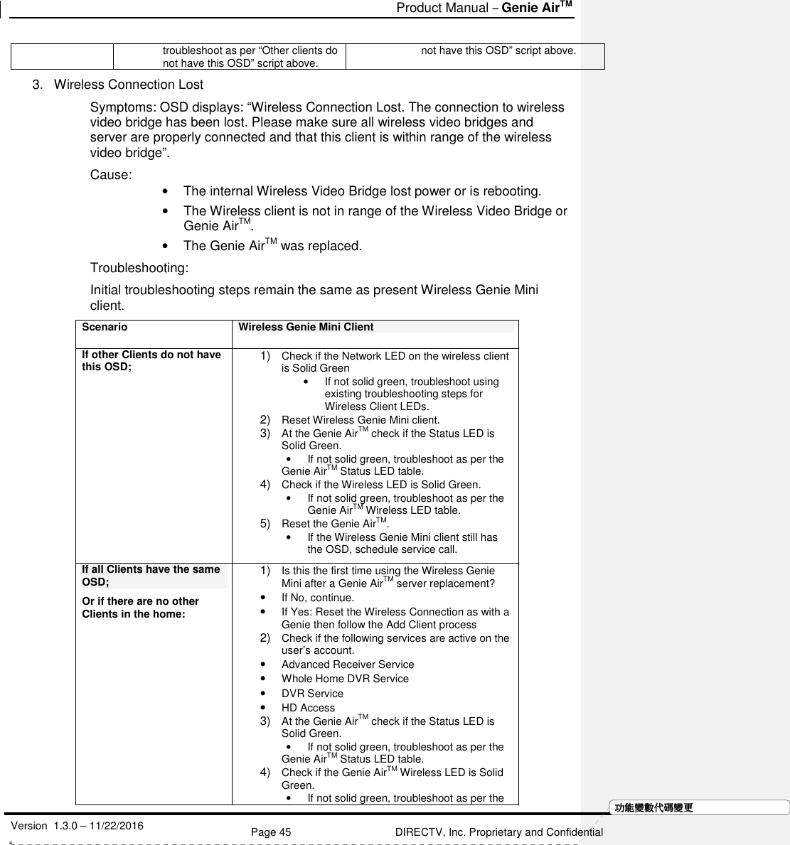   Product Manual – Genie AirTM   Version  1.3.0 – 11/22/2016    Page 45 DIRECTV, Inc. Proprietary and Confidential  功功功功能變能變能變能變數代數代數代數代碼變碼變碼變碼變更更更更troubleshoot as per “Other clients do not have this OSD” script above. not have this OSD” script above. 3.  Wireless Connection Lost Symptoms: OSD displays: “Wireless Connection Lost. The connection to wireless video bridge has been lost. Please make sure all wireless video bridges and server are properly connected and that this client is within range of the wireless video bridge”. Cause:   •  The internal Wireless Video Bridge lost power or is rebooting. •  The Wireless client is not in range of the Wireless Video Bridge or Genie AirTM. •  The Genie AirTM was replaced. Troubleshooting: Initial troubleshooting steps remain the same as present Wireless Genie Mini client.  Scenario Wireless Genie Mini Client If other Clients do not have this OSD; 1) Check if the Network LED on the wireless client is Solid Green •  If not solid green, troubleshoot using existing troubleshooting steps for Wireless Client LEDs. 2) Reset Wireless Genie Mini client. 3) At the Genie AirTM check if the Status LED is Solid Green. •  If not solid green, troubleshoot as per the Genie AirTM Status LED table. 4) Check if the Wireless LED is Solid Green.  •  If not solid green, troubleshoot as per the Genie AirTM Wireless LED table. 5) Reset the Genie AirTM. •  If the Wireless Genie Mini client still has the OSD, schedule service call. If all Clients have the same OSD; Or if there are no other Clients in the home: 1) Is this the first time using the Wireless Genie Mini after a Genie AirTM server replacement? • If No, continue. • If Yes: Reset the Wireless Connection as with a Genie then follow the Add Client process 2) Check if the following services are active on the user’s account. • Advanced Receiver Service • Whole Home DVR Service • DVR Service • HD Access 3) At the Genie AirTM check if the Status LED is Solid Green. •  If not solid green, troubleshoot as per the Genie AirTM Status LED table. 4) Check if the Genie AirTM Wireless LED is Solid Green.  •  If not solid green, troubleshoot as per the 