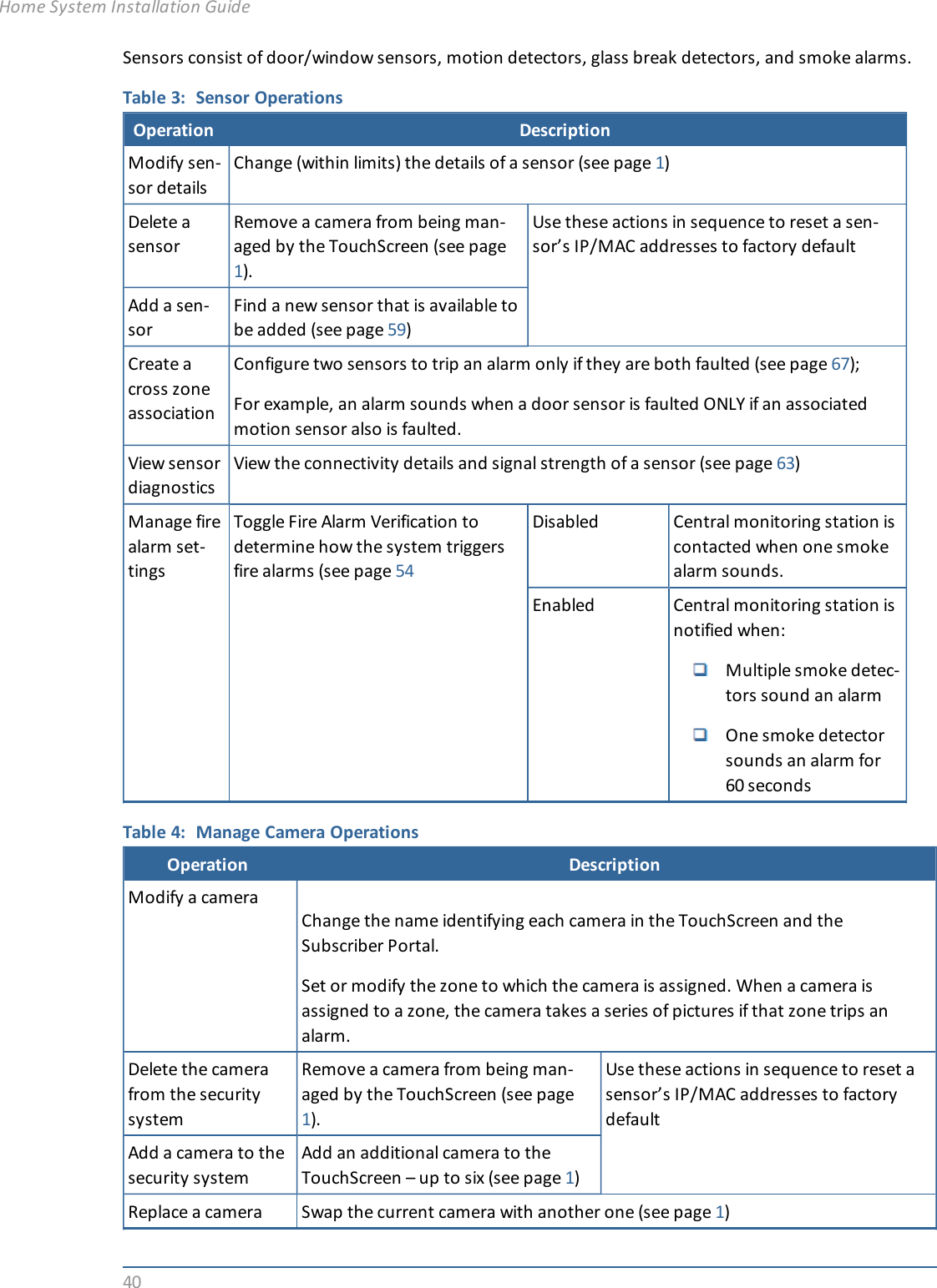 40Sensors consist of door/window sensors, motion detectors, glass break detectors, and smoke alarms.Table 3: Sensor OperationsOperation DescriptionModify sen-sor detailsChange (within limits) the details of a sensor (see page 1)Delete asensorRemove a camera from being man-aged by the TouchScreen (see page1).Use these actions in sequence to reset a sen-sor’s IP/MAC addresses to factory defaultAdd a sen-sorFind a new sensor that is available tobe added (see page 59)Create across zoneassociationConfigure two sensors to trip an alarm only if they are both faulted (see page 67);For example, an alarm sounds when a door sensor is faulted ONLY if an associatedmotion sensor also is faulted.View sensordiagnosticsView the connectivity details and signal strength of a sensor (see page 63)Manage firealarm set-tingsToggle Fire Alarm Verification todetermine how the system triggersfire alarms (see page 54Disabled Central monitoring station iscontacted when one smokealarm sounds.Enabled Central monitoring station isnotified when:Multiple smoke detec-tors sound an alarmOne smoke detectorsounds an alarm for60 secondsTable 4: Manage Camera OperationsOperation DescriptionModify a cameraChange the name identifying each camera in the TouchScreen and theSubscriber Portal.Set or modify the zone to which the camera is assigned. When a camera isassigned to a zone, the camera takes a series of pictures if that zone trips analarm.Delete the camerafrom the securitysystemRemove a camera from being man-aged by the TouchScreen (see page1).Use these actions in sequence to reset asensor’s IP/MAC addresses to factorydefaultAdd a camera to thesecurity systemAdd an additional camera to theTouchScreen – up to six (see page 1)Replace a camera Swap the current camera with another one (see page 1)Home System Installation Guide