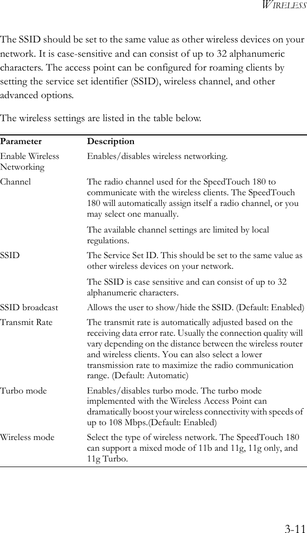 WIRELESS3-11The SSID should be set to the same value as other wireless devices on your network. It is case-sensitive and can consist of up to 32 alphanumeric characters. The access point can be configured for roaming clients by setting the service set identifier (SSID), wireless channel, and other advanced options.The wireless settings are listed in the table below.   Parameter DescriptionEnable Wireless NetworkingEnables/disables wireless networking.Channel The radio channel used for the SpeedTouch 180 to communicate with the wireless clients. The SpeedTouch 180 will automatically assign itself a radio channel, or you may select one manually.The available channel settings are limited by local regulations.SSID The Service Set ID. This should be set to the same value as other wireless devices on your network.The SSID is case sensitive and can consist of up to 32 alphanumeric characters.SSID broadcast Allows the user to show/hide the SSID. (Default: Enabled)Transmit Rate The transmit rate is automatically adjusted based on the receiving data error rate. Usually the connection quality will vary depending on the distance between the wireless router and wireless clients. You can also select a lower transmission rate to maximize the radio communication range. (Default: Automatic)Turbo mode Enables/disables turbo mode. The turbo mode implemented with the Wireless Access Point can dramatically boost your wireless connectivity with speeds of up to 108 Mbps.(Default: Enabled)Wireless mode Select the type of wireless network. The SpeedTouch 180 can support a mixed mode of 11b and 11g, 11g only, and 11g Turbo.