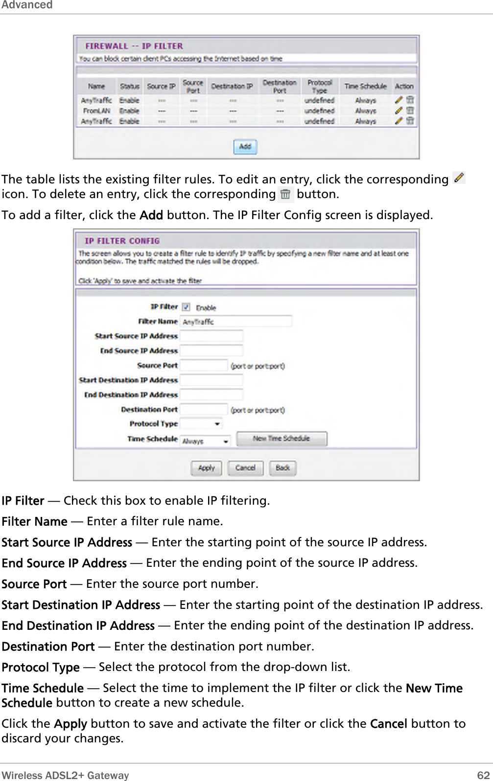 Advanced   The table lists the existing filter rules. To edit an entry, click the corresponding   icon. To delete an entry, click the corresponding      button. To add a filter, click the Add button. The IP Filter Config screen is displayed.  IP Filter — Check this box to enable IP filtering. Filter Name — Enter a filter rule name. Start Source IP Address — Enter the starting point of the source IP address.  End Source IP Address — Enter the ending point of the source IP address. Source Port — Enter the source port number. Start Destination IP Address — Enter the starting point of the destination IP address. End Destination IP Address — Enter the ending point of the destination IP address. Destination Port — Enter the destination port number. Protocol Type — Select the protocol from the drop-down list. Time Schedule — Select the time to implement the IP filter or click the New Time Schedule button to create a new schedule. Click the Apply button to save and activate the filter or click the Cancel button to discard your changes.  Wireless ADSL2+ Gateway        62 