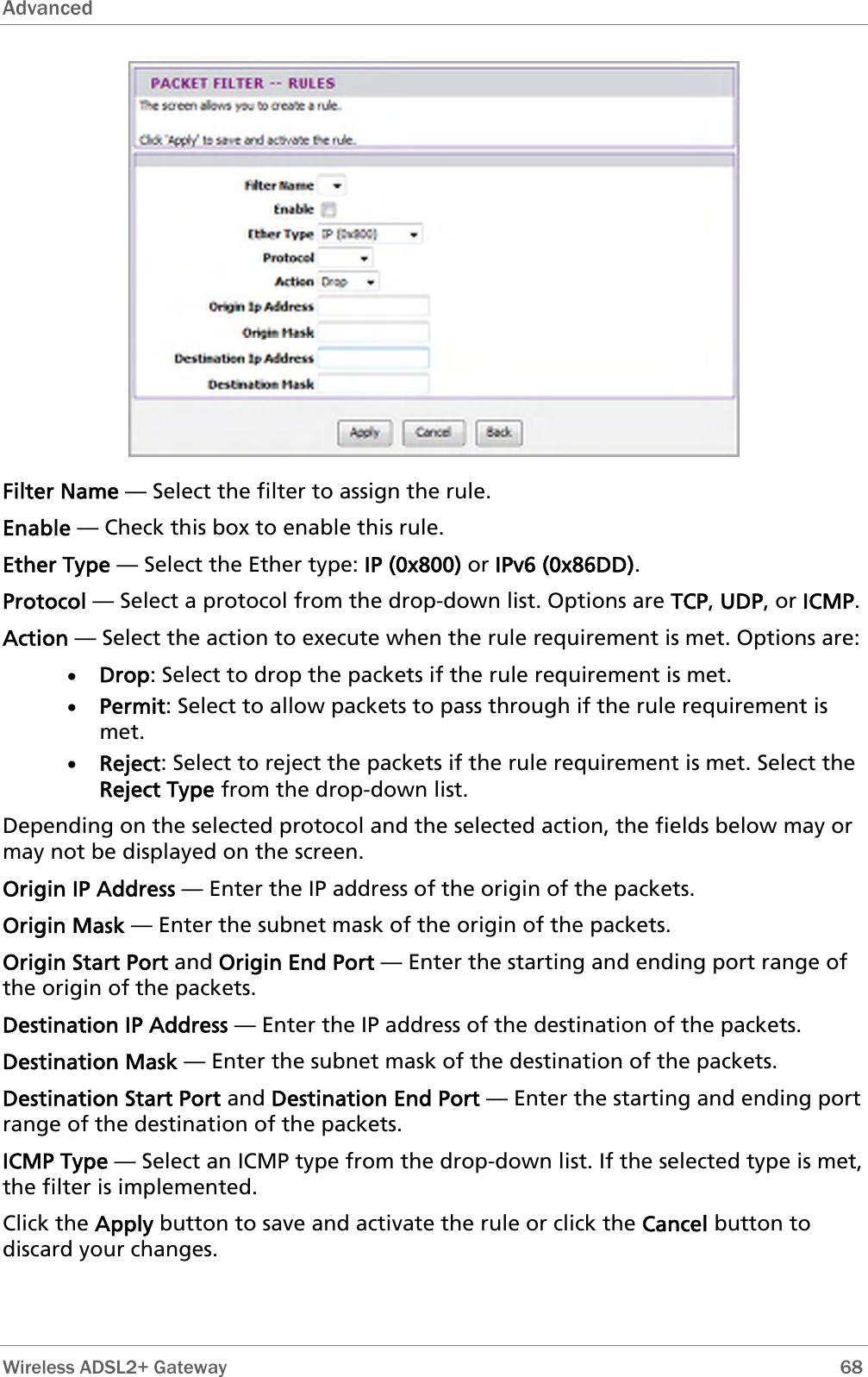 Advanced   Filter Name — Select the filter to assign the rule. Enable — Check this box to enable this rule. Ether Type — Select the Ether type: IP (0x800) or IPv6 (0x86DD). Protocol — Select a protocol from the drop-down list. Options are TCP, UDP, or ICMP. Action — Select the action to execute when the rule requirement is met. Options are: • Drop: Select to drop the packets if the rule requirement is met. • Permit: Select to allow packets to pass through if the rule requirement is met. • Reject: Select to reject the packets if the rule requirement is met. Select the Reject Type from the drop-down list. Depending on the selected protocol and the selected action, the fields below may or may not be displayed on the screen. Origin IP Address — Enter the IP address of the origin of the packets. Origin Mask — Enter the subnet mask of the origin of the packets. Origin Start Port and Origin End Port — Enter the starting and ending port range of the origin of the packets. Destination IP Address — Enter the IP address of the destination of the packets. Destination Mask — Enter the subnet mask of the destination of the packets. Destination Start Port and Destination End Port — Enter the starting and ending port range of the destination of the packets. ICMP Type — Select an ICMP type from the drop-down list. If the selected type is met, the filter is implemented.  Click the Apply button to save and activate the rule or click the Cancel button to discard your changes.  Wireless ADSL2+ Gateway        68 