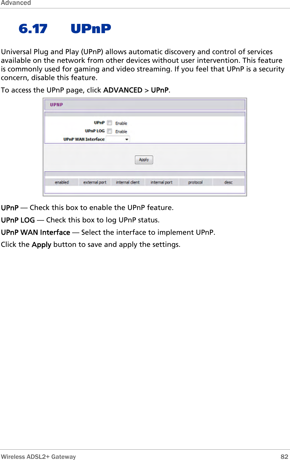 Advanced  6.17 UPnP Universal Plug and Play (UPnP) allows automatic discovery and control of services available on the network from other devices without user intervention. This feature is commonly used for gaming and video streaming. If you feel that UPnP is a security concern, disable this feature. To access the UPnP page, click ADVANCED &gt; UPnP.  UPnP — Check this box to enable the UPnP feature. UPnP LOG — Check this box to log UPnP status. UPnP WAN Interface — Select the interface to implement UPnP. Click the Apply button to save and apply the settings.  Wireless ADSL2+ Gateway        82 