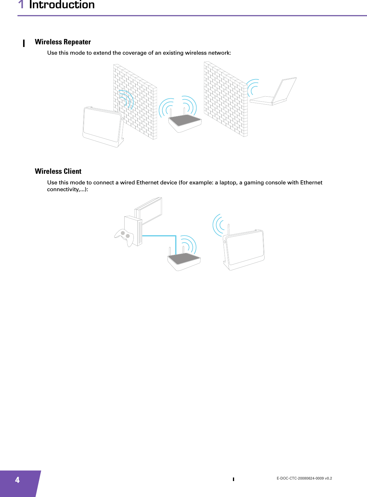 E-DOC-CTC-20080624-0009 v0.241 IntroductionWireless RepeaterUse this mode to extend the coverage of an existing wireless network:Wireless ClientUse this mode to connect a wired Ethernet device (for example: a laptop, a gaming console with Ethernet connectivity,...):