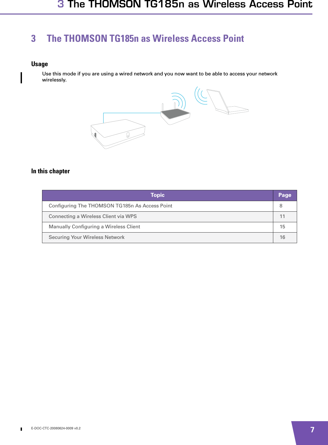E-DOC-CTC-20080624-0009 v0.2 73 The THOMSON TG185n as Wireless Access Point3 The THOMSON TG185n as Wireless Access PointUsageUse this mode if you are using a wired network and you now want to be able to access your network wirelessly.In this chapterTopic PageConfiguring The THOMSON TG185n As Access Point 8Connecting a Wireless Client via WPS 11Manually Configuring a Wireless Client 15Securing Your Wireless Network 16