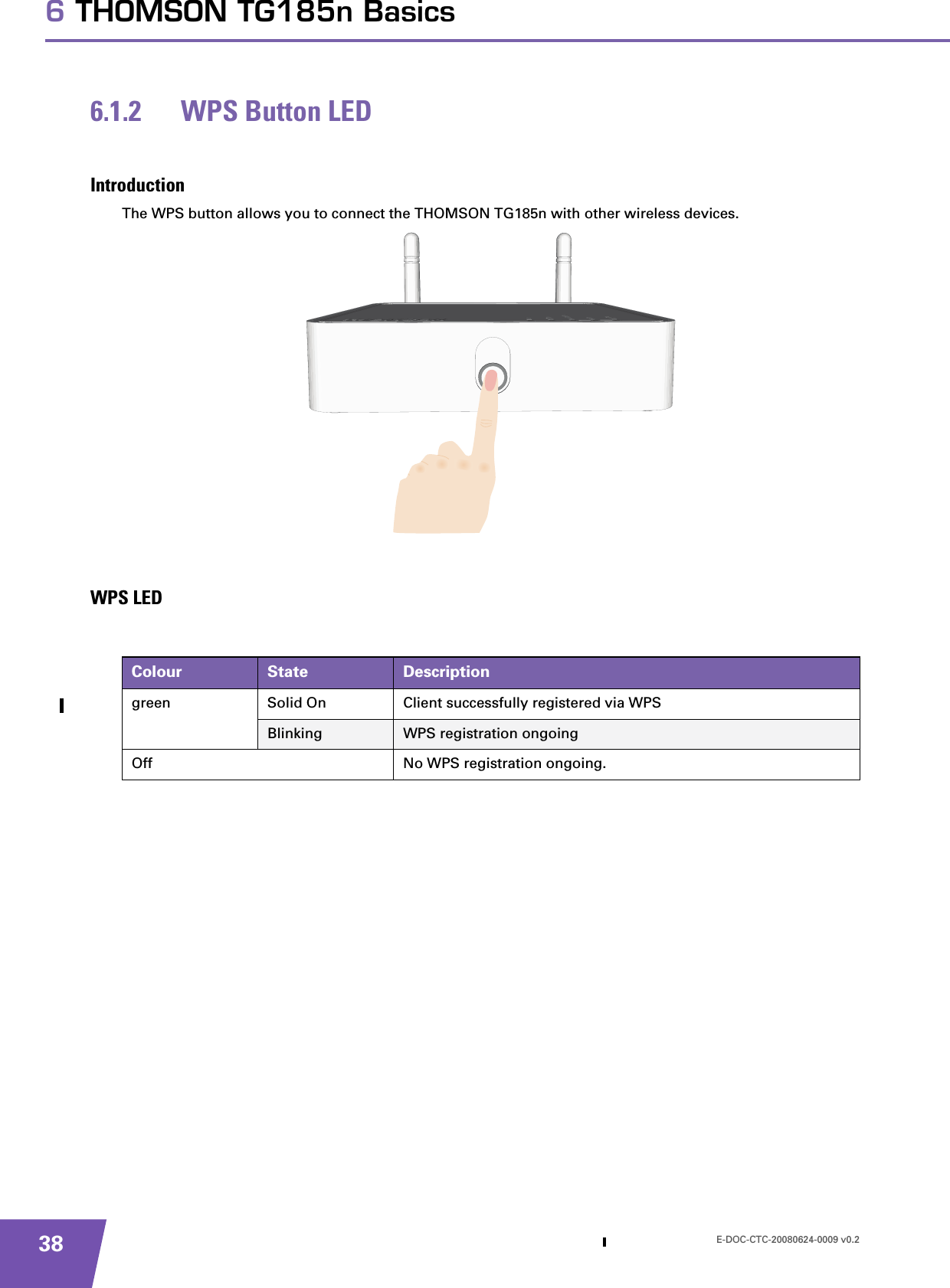 E-DOC-CTC-20080624-0009 v0.2386 THOMSON TG185n Basics6.1.2 WPS Button LEDIntroductionThe WPS button allows you to connect the THOMSON TG185n with other wireless devices. WPS LEDColour State Descriptiongreen Solid On Client successfully registered via WPSBlinking WPS registration ongoingOff No WPS registration ongoing.
