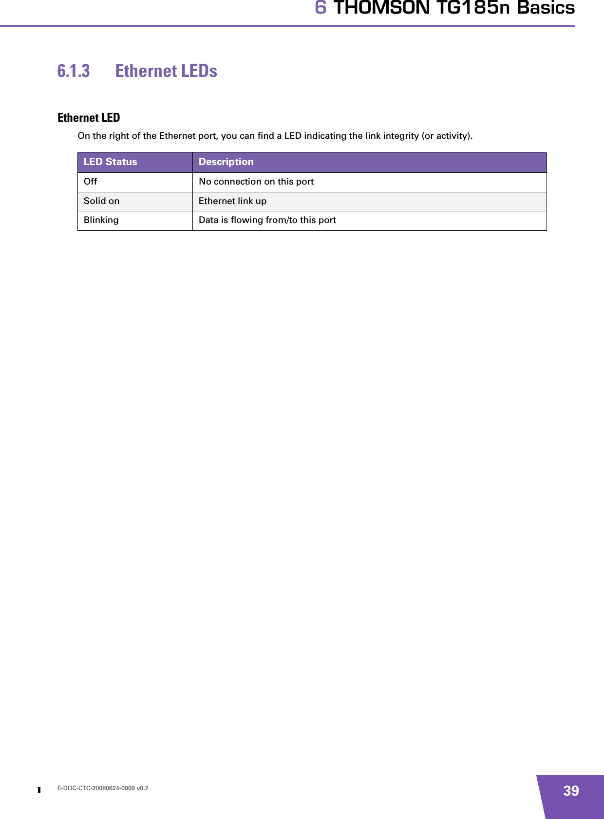 E-DOC-CTC-20080624-0009 v0.2 396 THOMSON TG185n Basics6.1.3 Ethernet LEDsEthernet LEDOn the right of the Ethernet port, you can find a LED indicating the link integrity (or activity).LED Status DescriptionOff No connection on this portSolid on Ethernet link upBlinking Data is flowing from/to this port