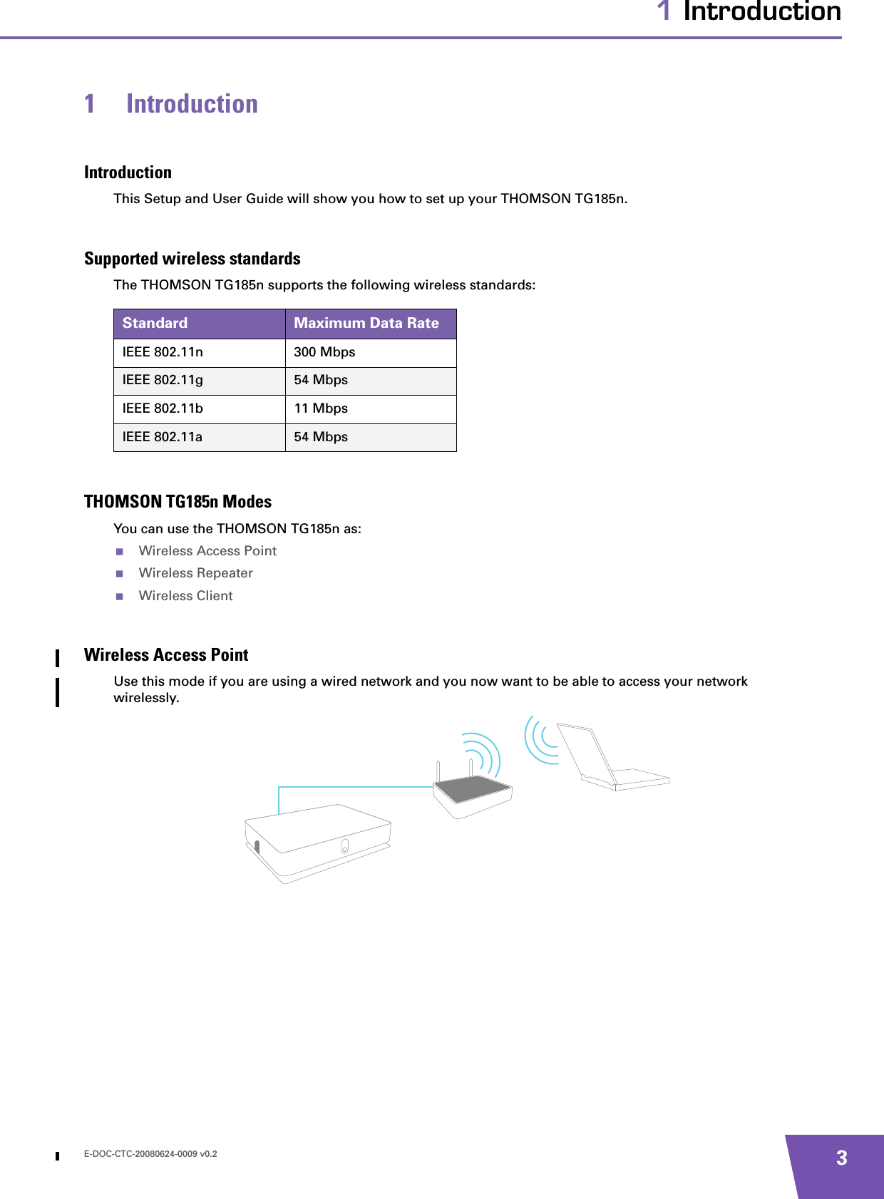 E-DOC-CTC-20080624-0009 v0.2 31 Introduction1 IntroductionIntroductionThis Setup and User Guide will show you how to set up your THOMSON TG185n.Supported wireless standardsThe THOMSON TG185n supports the following wireless standards:THOMSON TG185n ModesYou can use the THOMSON TG185n as:Wireless Access PointWireless RepeaterWireless ClientWireless Access PointUse this mode if you are using a wired network and you now want to be able to access your network wirelessly.Standard Maximum Data RateIEEE 802.11n 300 MbpsIEEE 802.11g 54 MbpsIEEE 802.11b 11 MbpsIEEE 802.11a 54 Mbps