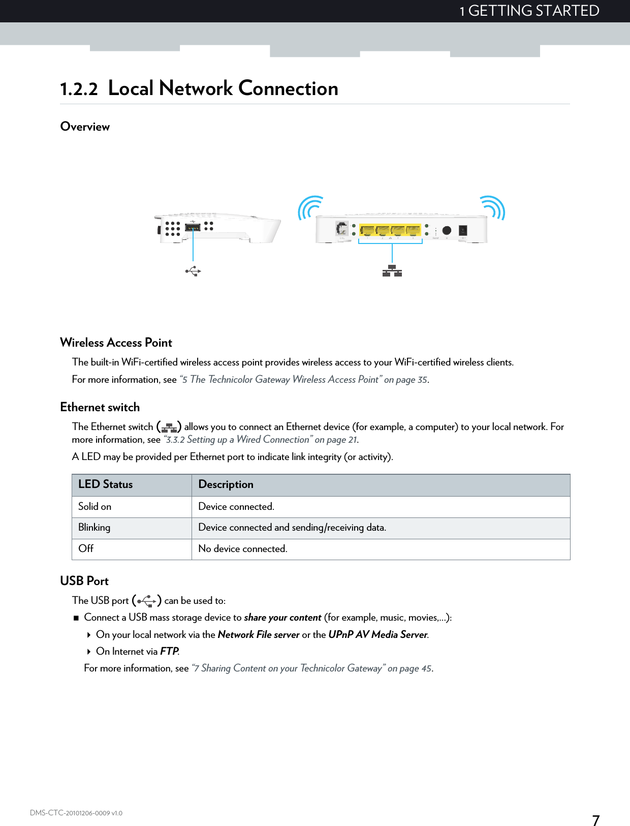 71 GETTING STARTEDDMS-CTC-20101206-0009 v1.01.2.2 Local Network ConnectionOverviewWireless Access PointThe built-in WiFi-certified wireless access point provides wireless access to your WiFi-certified wireless clients.For more information, see “5 The Technicolor Gateway Wireless Access Point” on page 35.Ethernet switchThe Ethernet switch () allows you to connect an Ethernet device (for example, a computer) to your local network. For more information, see “3.3.2 Setting up a Wired Connection” on page 21.A LED may be provided per Ethernet port to indicate link integrity (or activity).USB PortThe USB port () can be used to:Connect a USB mass storage device to share your content (for example, music, movies,...):On your local network via the Network File server or the UPnP AV Media Server.On Internet via FTP.For more information, see “7 Sharing Content on your Technicolor Gateway” on page 45.LED Status DescriptionSolid on Device connected.Blinking Device connected and sending/receiving data.Off No device connected.