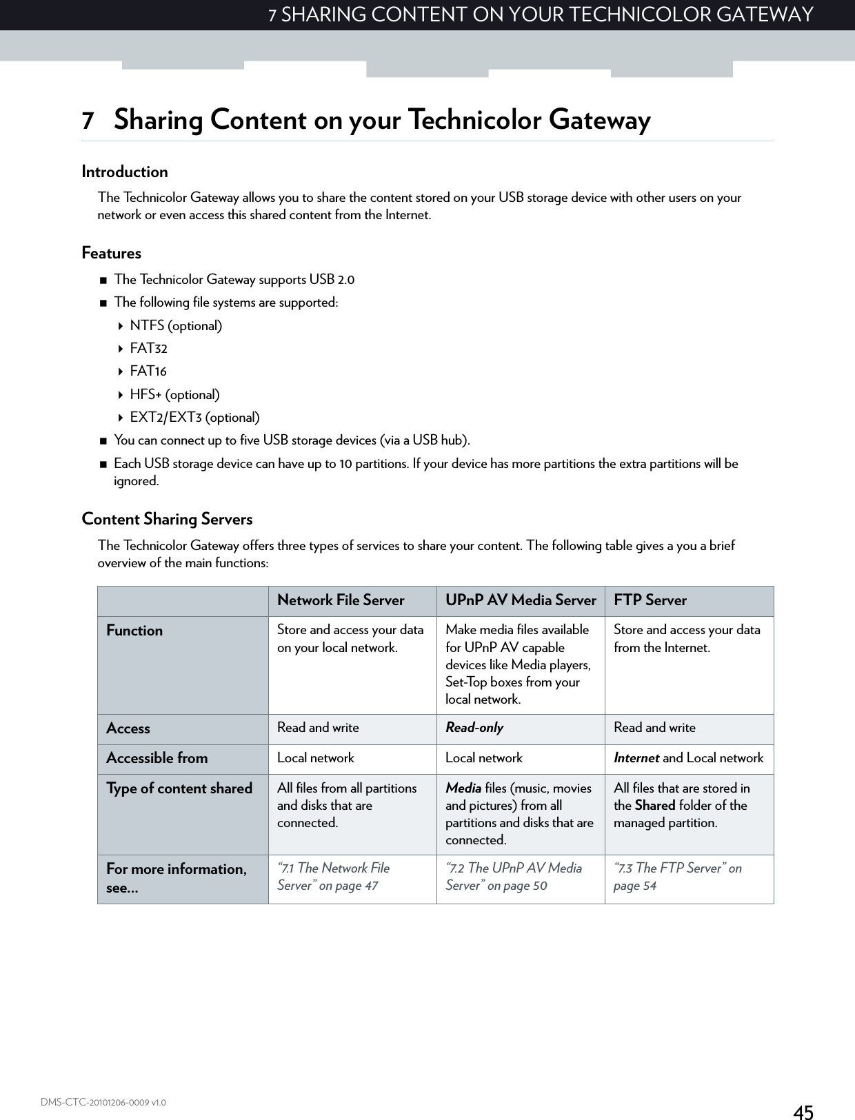 457 SHARING CONTENT ON YOUR TECHNICOLOR GATEWAYDMS-CTC-20101206-0009 v1.07 Sharing Content on your Technicolor GatewayIntroductionThe Technicolor Gateway allows you to share the content stored on your USB storage device with other users on your network or even access this shared content from the Internet.FeaturesThe Technicolor Gateway supports USB 2.0The following file systems are supported:NTFS (optional)FAT32FAT16HFS+ (optional)EXT2/EXT3 (optional)You can connect up to five USB storage devices (via a USB hub).Each USB storage device can have up to 10 partitions. If your device has more partitions the extra partitions will be ignored.Content Sharing ServersThe Technicolor Gateway offers three types of services to share your content. The following table gives a you a brief overview of the main functions:Network File Server UPnP AV Media Server FTP ServerFunction Store and access your data on your local network.Make media files available for UPnP AV capable devices like Media players, Set-Top boxes from your local network.Store and access your data from the Internet.Access Read and write Read-only Read and writeAccessible from Local network Local network Internet and Local networkType of content shared All files from all partitions and disks that are connected.Media files (music, movies and pictures) from all partitions and disks that are connected.All files that are stored in the Shared folder of the managed partition.For more information, see...“7.1 The Network File Server” on page 47“7.2 The UPnP AV Media Server” on page 50“7.3 The FTP Server” on page 54