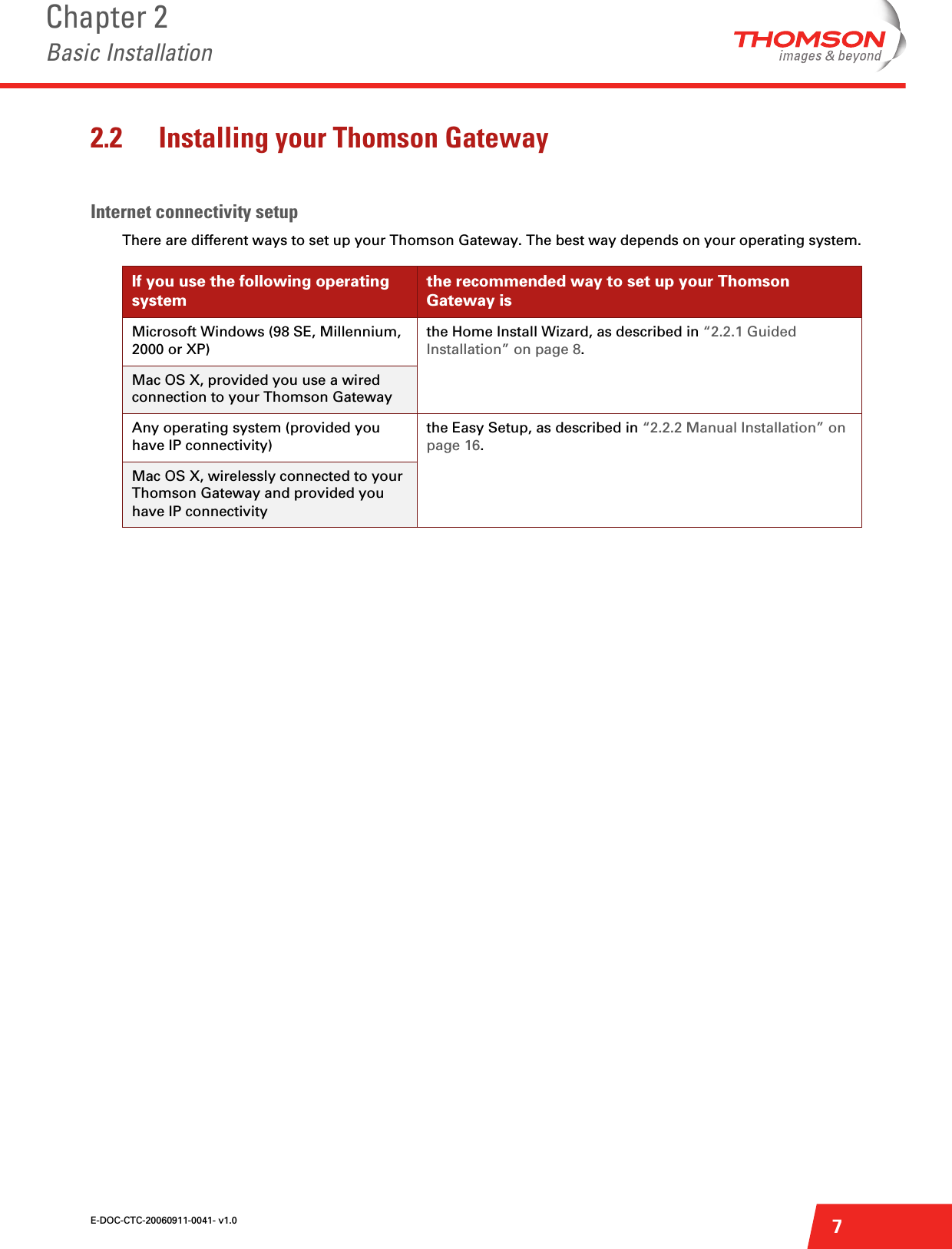 E-DOC-CTC-20060911-0041- v1.0Chapter 2Basic Installation72.2 Installing your Thomson GatewayInternet connectivity setupThere are different ways to set up your Thomson Gateway. The best way depends on your operating system.If you use the following operating systemthe recommended way to set up your Thomson Gateway isMicrosoft Windows (98 SE, Millennium, 2000 or XP)the Home Install Wizard, as described in “2.2.1 Guided Installation” on page 8.Mac OS X, provided you use a wired connection to your Thomson GatewayAny operating system (provided you have IP connectivity)the Easy Setup, as described in “2.2.2 Manual Installation” on page 16.Mac OS X, wirelessly connected to your Thomson Gateway and provided you have IP connectivity