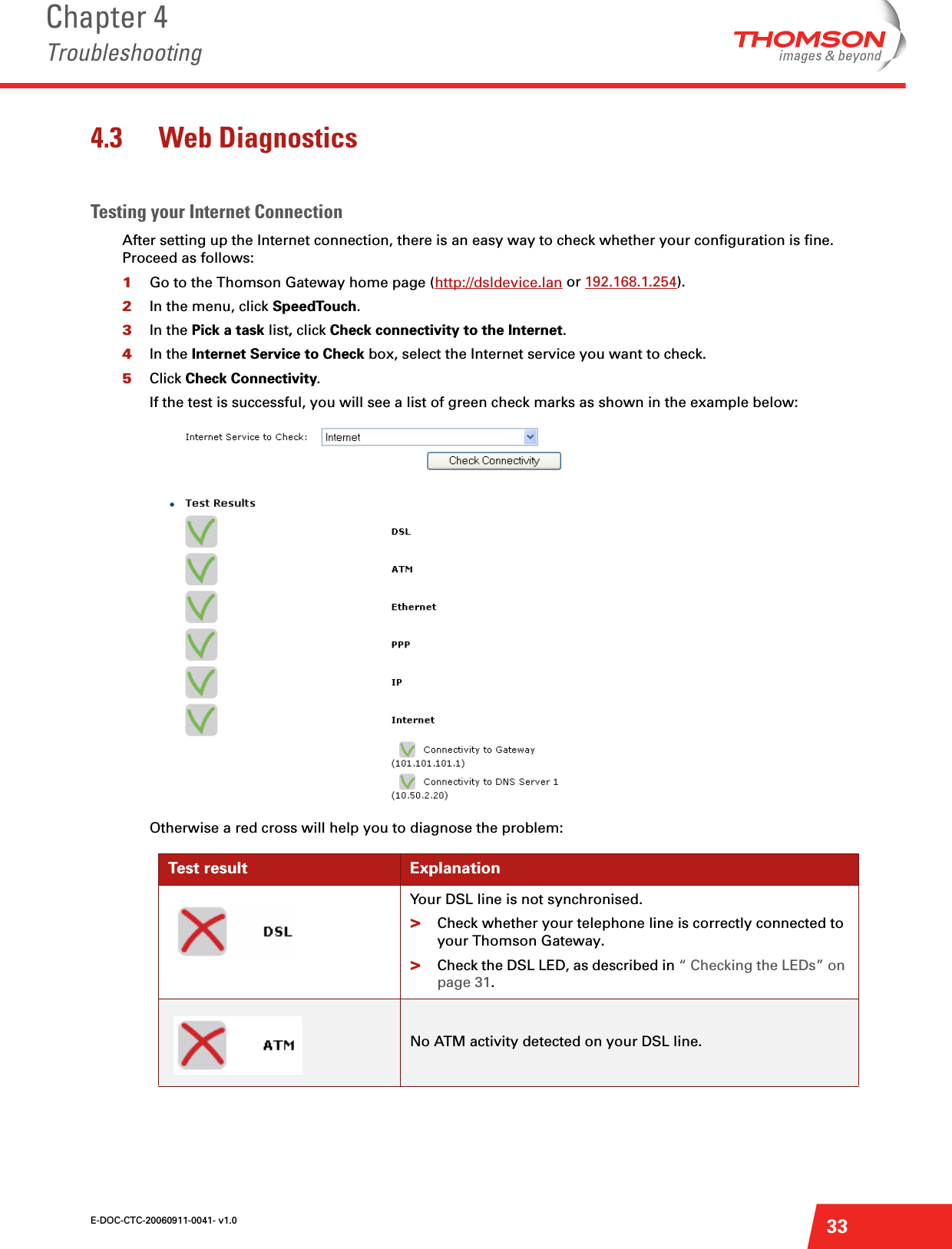 E-DOC-CTC-20060911-0041- v1.0Chapter 4Troubleshooting334.3 Web DiagnosticsTesting your Internet ConnectionAfter setting up the Internet connection, there is an easy way to check whether your configuration is fine. Proceed as follows:1Go to the Thomson Gateway home page (http://dsldevice.lan or 192.168.1.254). 2In the menu, click SpeedTouch. 3In the Pick a task list, click Check connectivity to the Internet.4In the Internet Service to Check box, select the Internet service you want to check.5Click Check Connectivity.If the test is successful, you will see a list of green check marks as shown in the example below:Otherwise a red cross will help you to diagnose the problem:Test result ExplanationYour DSL line is not synchronised.&gt;Check whether your telephone line is correctly connected to your Thomson Gateway.&gt;Check the DSL LED, as described in “ Checking the LEDs” on page 31.No ATM activity detected on your DSL line.