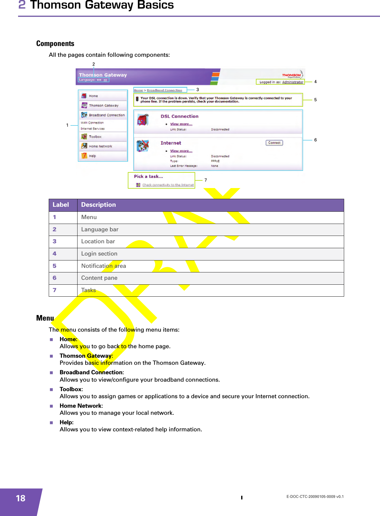 E-DOC-CTC-20090105-0009 v0.1182 Thomson Gateway BasicsComponentsAll the pages contain following components:MenuThe menu consists of the following menu items:Home:Allows you to go back to the home page.Thomson Gateway:Provides basic information on the Thomson Gateway.Broadband Connection:Allows you to view/configure your broadband connections.Toolbox:Allows you to assign games or applications to a device and secure your Internet connection.Home Network:Allows you to manage your local network.Help:Allows you to view context-related help information.Label Description1Menu2Language bar3Location bar4Login section5Notification area6Content pane7Tasks1765324