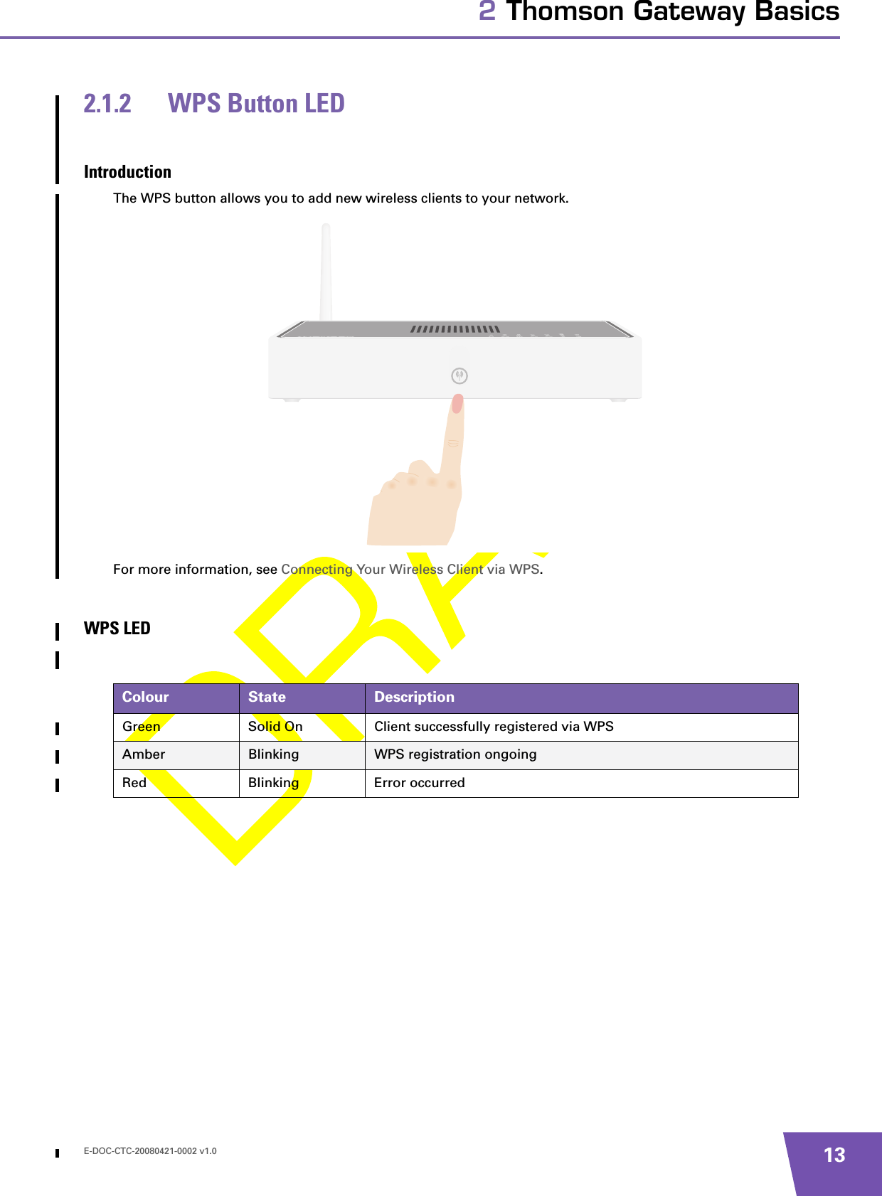 E-DOC-CTC-20080421-0002 v1.0 132 Thomson Gateway Basics2.1.2 WPS Button LEDIntroductionThe WPS button allows you to add new wireless clients to your network. For more information, see Connecting Your Wireless Client via WPS.WPS LEDColour State DescriptionGreen Solid On Client successfully registered via WPSAmber Blinking WPS registration ongoingRed Blinking Error occurred