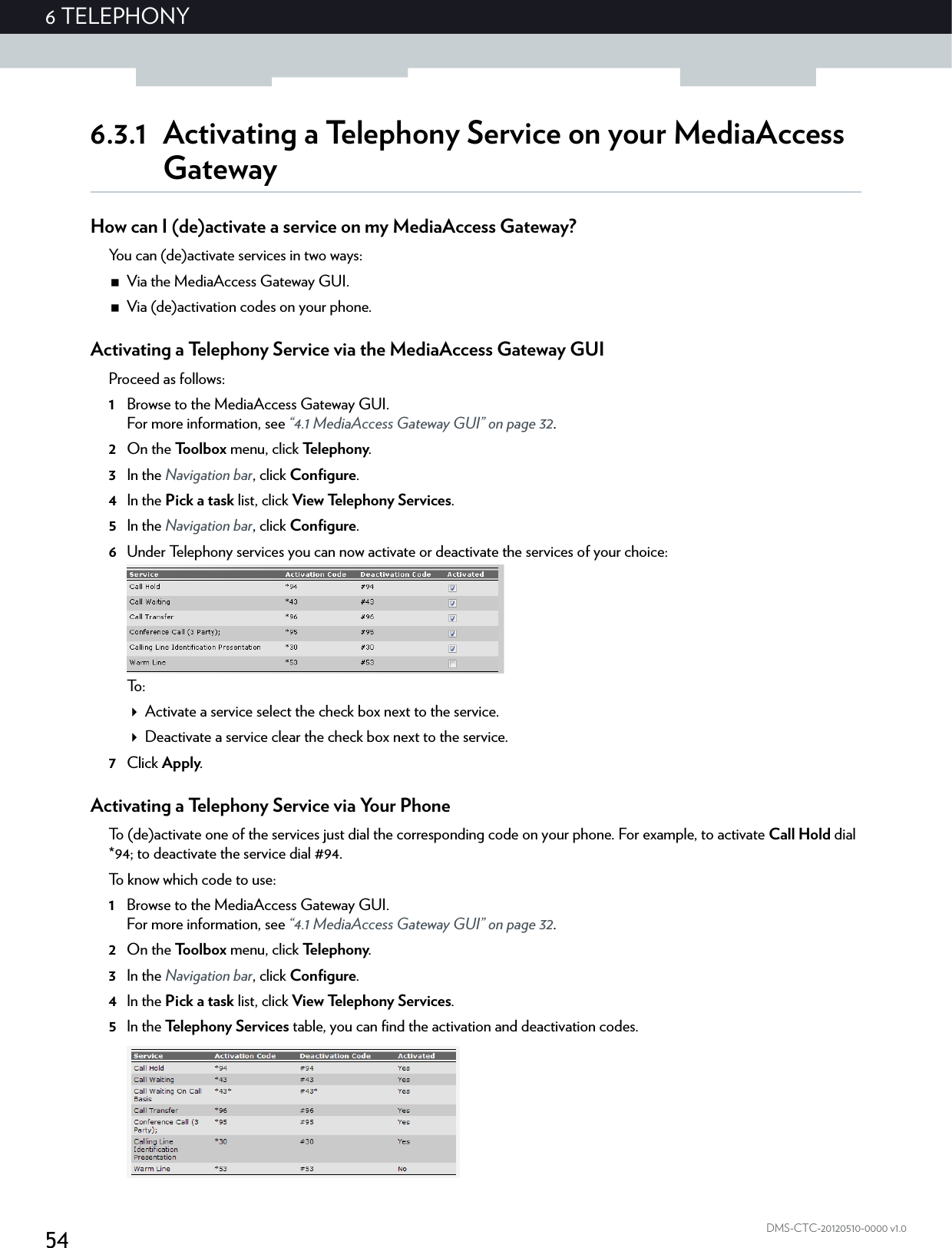 546 TELEPHONYDMS-CTC-20120510-0000 v1.06.3.1 Activating a Telephony Service on your MediaAccess GatewayHow can I (de)activate a service on my MediaAccess Gateway?You can (de)activate services in two ways:Via the MediaAccess Gateway GUI.Via (de)activation codes on your phone.Activating a Telephony Service via the MediaAccess Gateway GUIProceed as follows:1Browse to the MediaAccess Gateway GUI.For more information, see “4.1 MediaAccess Gateway GUI” on page 32.2On the Toolbox menu, click Te l e p h o n y.3In the Navigation bar, click Configure.4In the Pick a task list, click View Telephony Services.5In the Navigation bar, click Configure.6Under Telephony services you can now activate or deactivate the services of your choice:To :Activate a service select the check box next to the service.Deactivate a service clear the check box next to the service.7Click Apply.Activating a Telephony Service via Your PhoneTo (de)activate one of the services just dial the corresponding code on your phone. For example, to activate Call Hold dial *94; to deactivate the service dial #94.To know which code to use:1Browse to the MediaAccess Gateway GUI.For more information, see “4.1 MediaAccess Gateway GUI” on page 32.2On the Toolbox menu, click Te l e p h o n y.3In the Navigation bar, click Configure.4In the Pick a task list, click View Telephony Services.5In the Te l ep h o n y  S e r vi c e s  table, you can find the activation and deactivation codes.