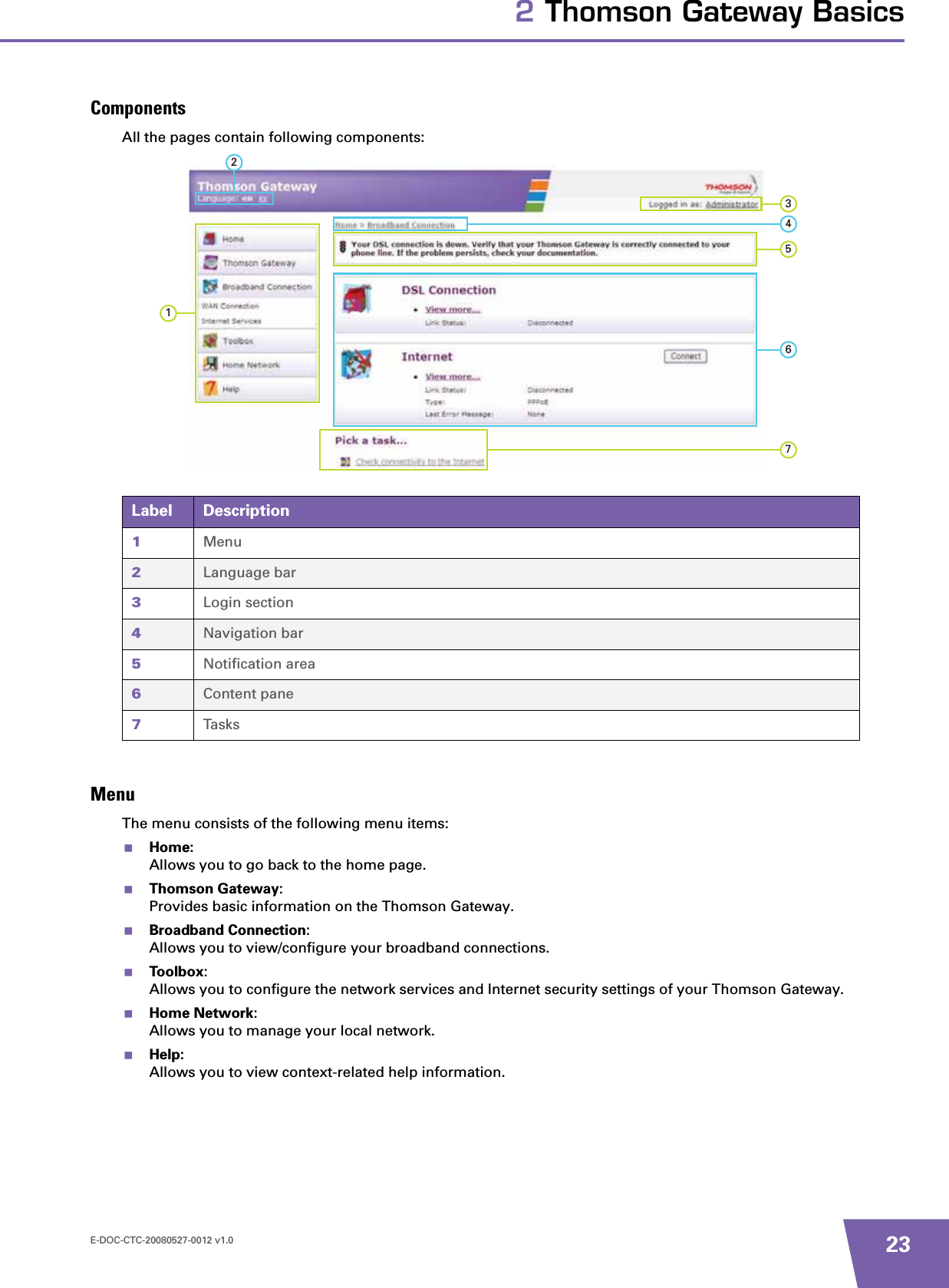 E-DOC-CTC-20080527-0012 v1.0 232 Thomson Gateway BasicsComponentsAll the pages contain following components:MenuThe menu consists of the following menu items:Home:Allows you to go back to the home page.Thomson Gateway:Provides basic information on the Thomson Gateway.Broadband Connection:Allows you to view/configure your broadband connections.Toolbox:Allows you to configure the network services and Internet security settings of your Thomson Gateway.Home Network:Allows you to manage your local network.Help:Allows you to view context-related help information.Label Description1Menu2Language bar3Login section4Navigation bar5Notification area6Content pane7Tasks1765432