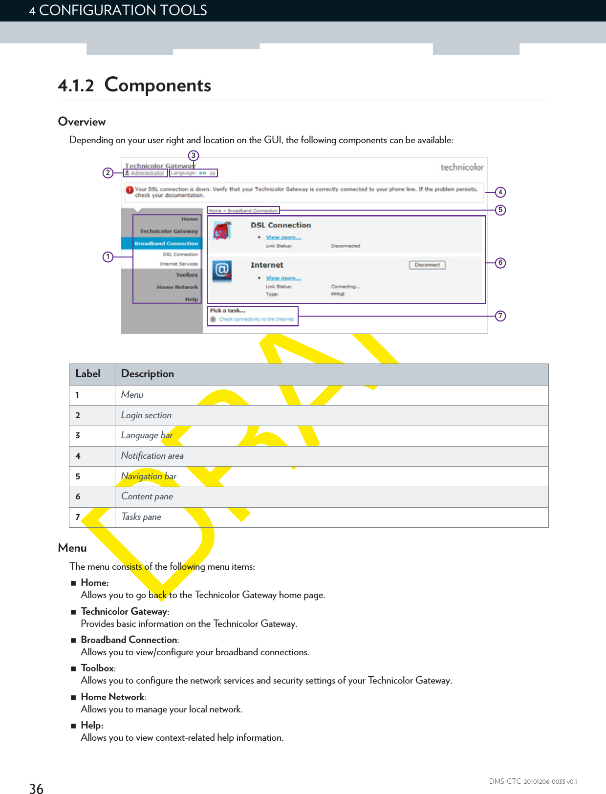 364 CONFIGURATION TOOLSDMS-CTC-20101206-0033 v0.14.1.2 ComponentsOverviewDepending on your user right and location on the GUI, the following components can be available:MenuThe menu consists of the following menu items:Home:Allows you to go back to the Technicolor Gateway home page.Technicolor Gateway:Provides basic information on the Technicolor Gateway.Broadband Connection:Allows you to view/configure your broadband connections.To o l b o x :Allows you to configure the network services and security settings of your Technicolor Gateway.Home Network:Allows you to manage your local network.Help:Allows you to view context-related help information.Label Description1Menu2Login section3Language bar4Notification area5Navigation bar6Content pane7Tasks pane4513672