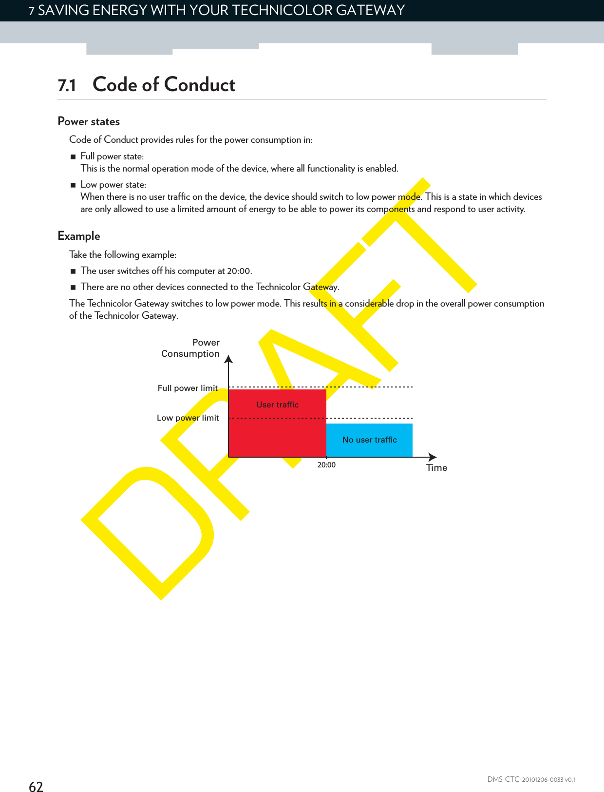 627 SAVING ENERGY WITH YOUR TECHNICOLOR GATEWAYDMS-CTC-20101206-0033 v0.17.1 Code of ConductPower statesCode of Conduct provides rules for the power consumption in:Full power state:This is the normal operation mode of the device, where all functionality is enabled.Low power state:When there is no user traffic on the device, the device should switch to low power mode. This is a state in which devices are only allowed to use a limited amount of energy to be able to power its components and respond to user activity.ExampleTake the following example:The user switches off his computer at 20:00.There are no other devices connected to the Technicolor Gateway.The Technicolor Gateway switches to low power mode. This results in a considerable drop in the overall power consumption of the Technicolor Gateway.No user trafficUser trafficTimePowerConsumptionFull power limitLow power limit20:00