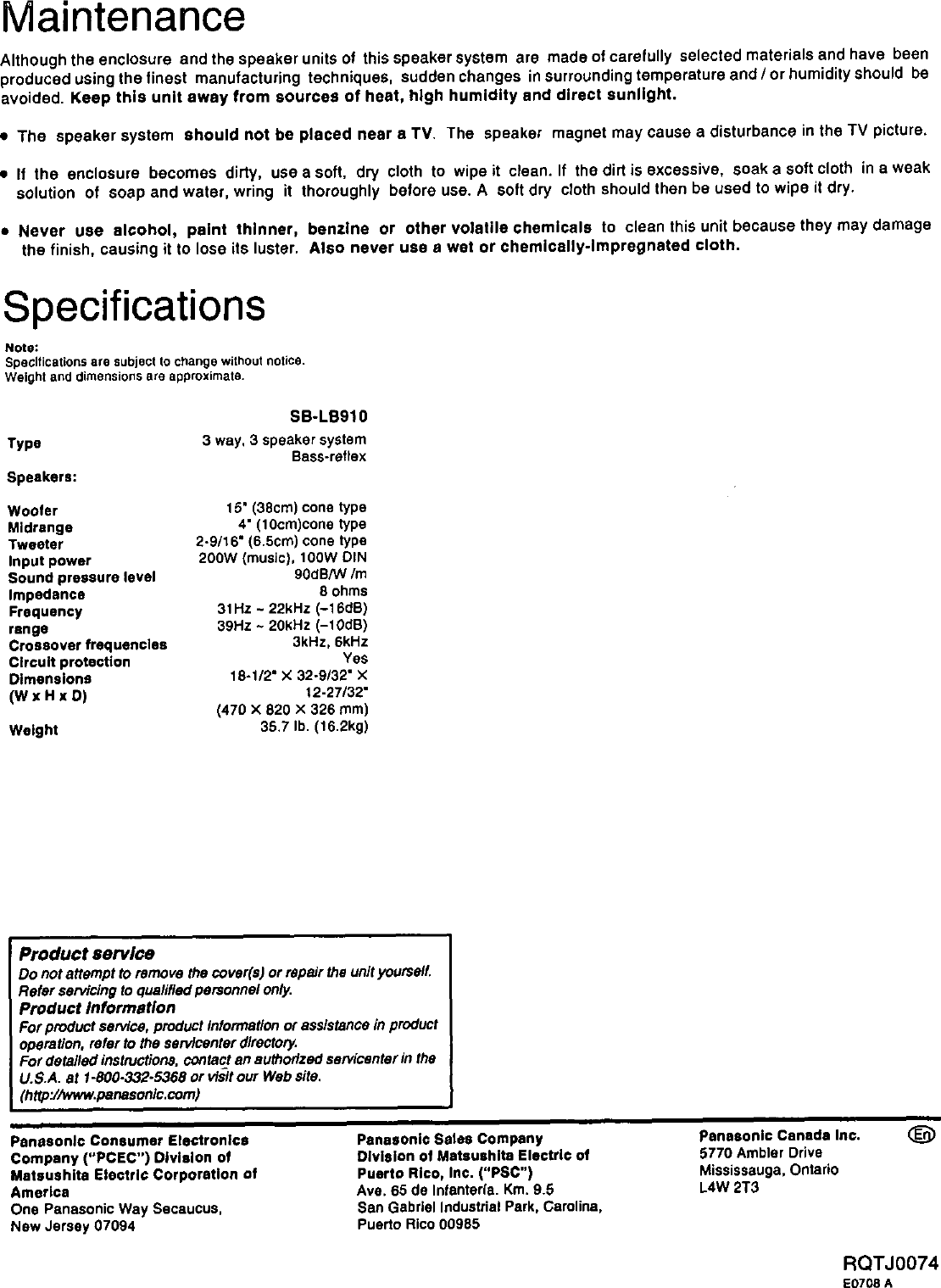 Page 4 of 4 - Technics Technics-Sb-Lb910-Users-Manual- PDF File Created From A TIFF .  Technics-sb-lb910-users-manual