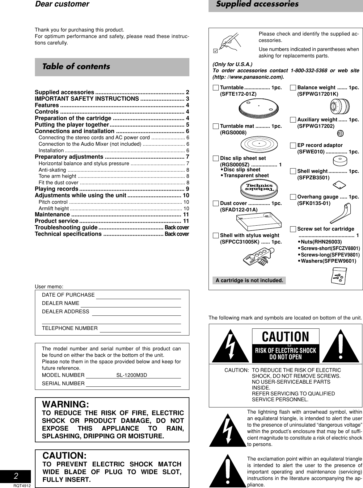 Page 2 of 12 - Technics Technics-Sl-1200M3D-Owner-S-Manual