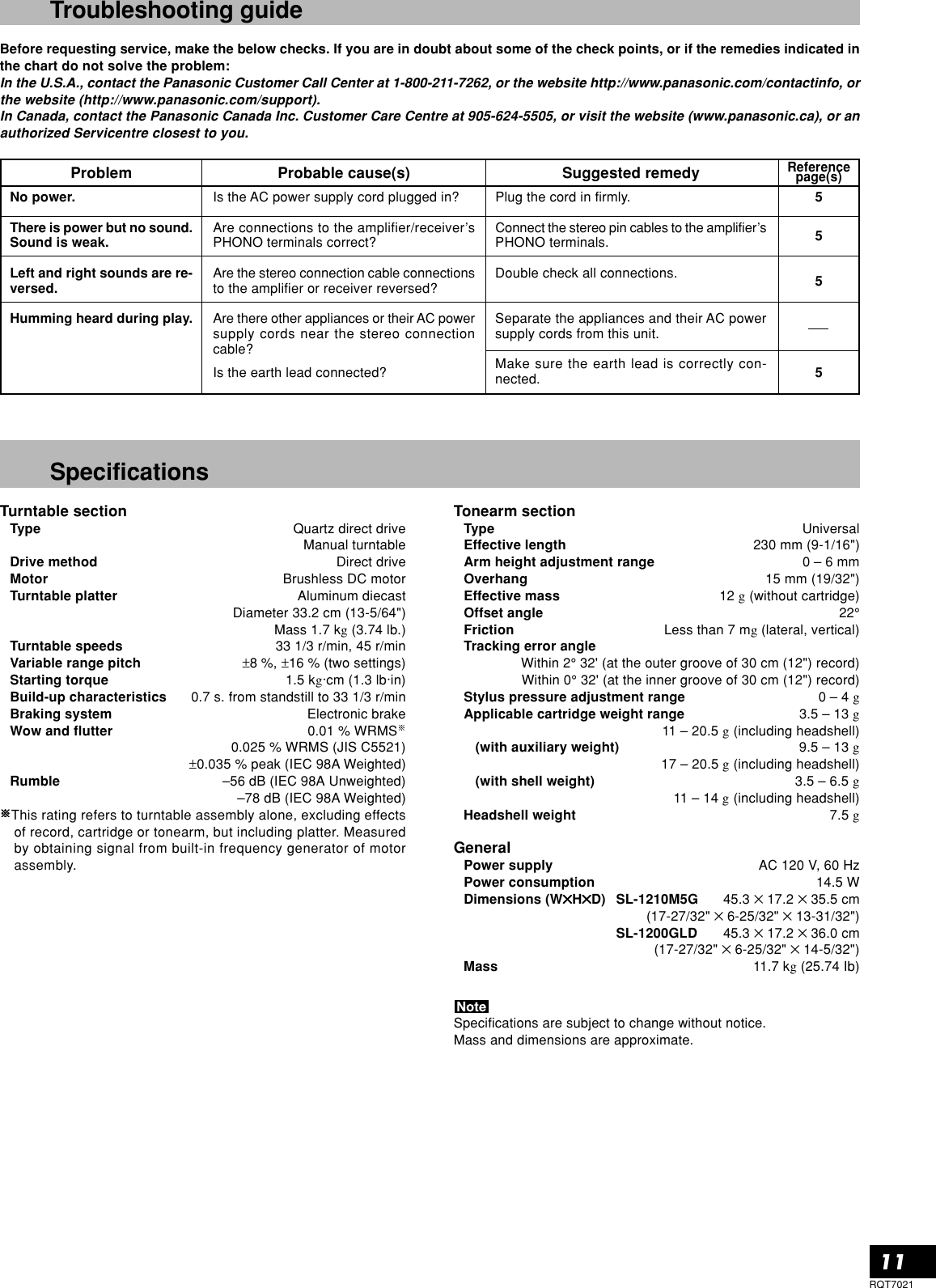 Page 11 of 12 - Technics Technics-Sl-1210M5G-Owner-S-Manual