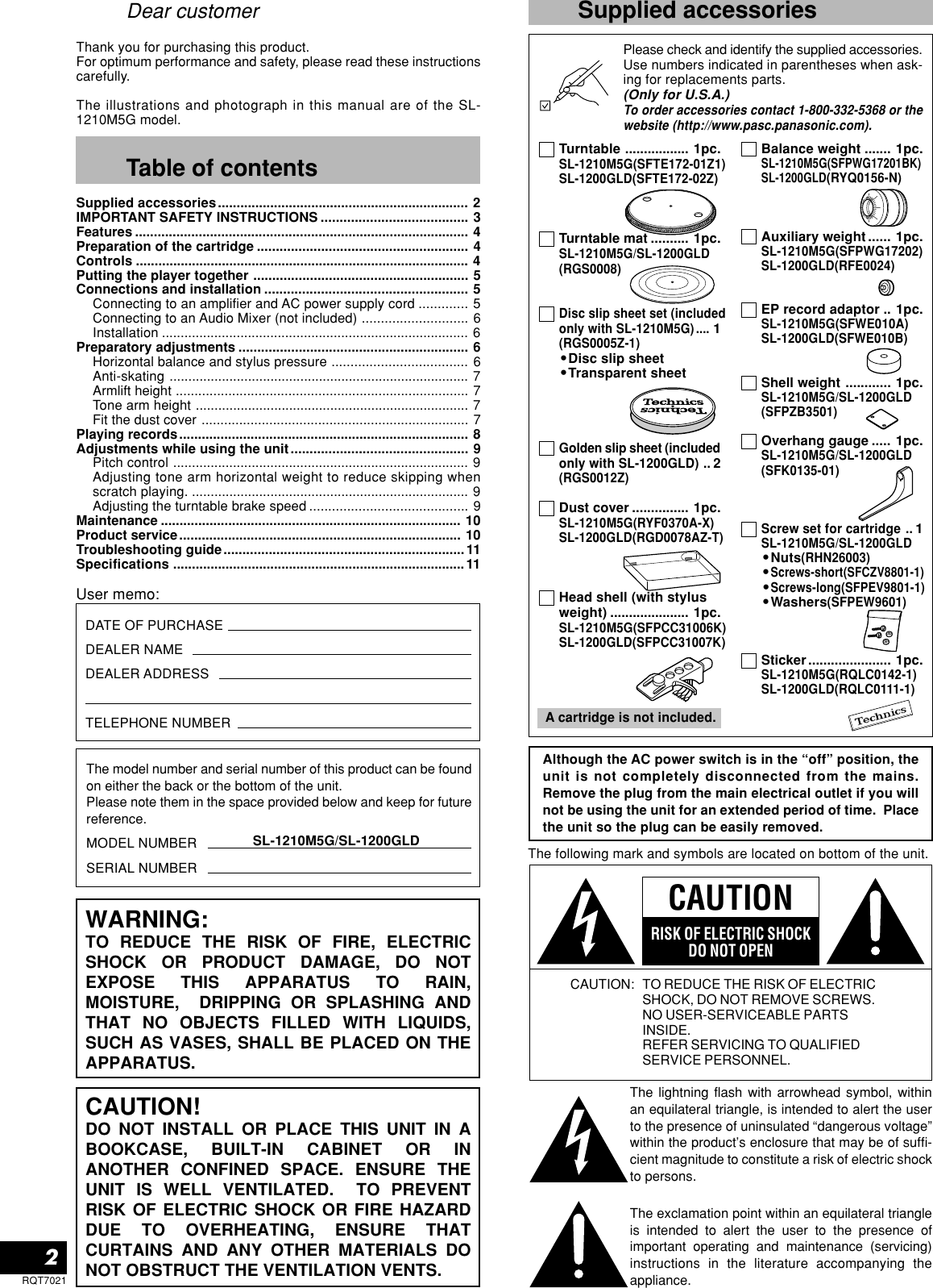 Page 2 of 12 - Technics Technics-Sl-1210M5G-Owner-S-Manual