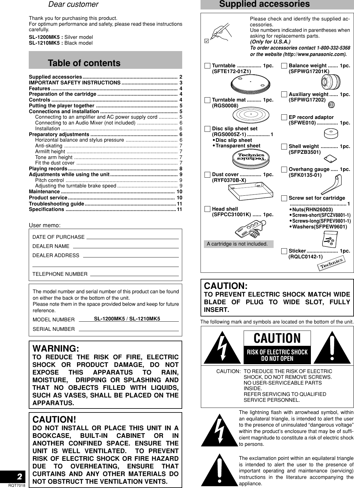 Page 2 of 12 - Technics Technics-Sl-1210Mk5-Owner-S-Manual