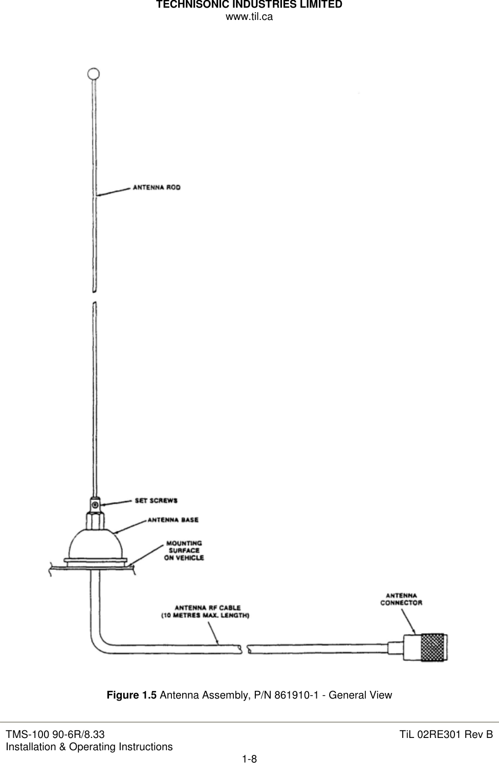 TECHNISONIC INDUSTRIES LIMITED www.til.ca   TMS-100 90-6R/8.33 Installation &amp; Operating Instructions  TiL 02RE301 Rev B 1-8      Figure 1.5 Antenna Assembly, P/N 861910-1 - General View 