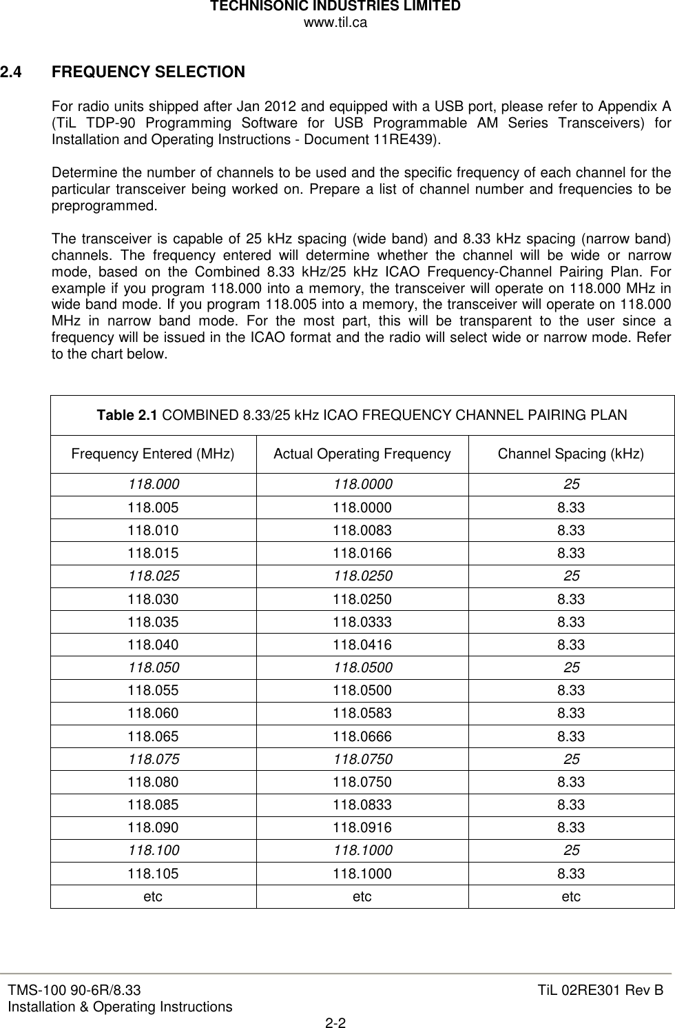 TECHNISONIC INDUSTRIES LIMITED www.til.ca   TMS-100 90-6R/8.33 Installation &amp; Operating Instructions  TiL 02RE301 Rev B 2-2  2.4  FREQUENCY SELECTION  For radio units shipped after Jan 2012 and equipped with a USB port, please refer to Appendix A (TiL  TDP-90  Programming  Software  for  USB  Programmable  AM  Series  Transceivers)  for Installation and Operating Instructions - Document 11RE439).  Determine the number of channels to be used and the specific frequency of each channel for the particular transceiver being worked on. Prepare a list of channel number and frequencies to be preprogrammed.  The transceiver is capable of 25 kHz spacing (wide band) and 8.33 kHz spacing (narrow band) channels.  The  frequency  entered  will  determine  whether  the  channel  will  be  wide  or  narrow mode,  based  on  the  Combined  8.33  kHz/25  kHz  ICAO  Frequency-Channel  Pairing  Plan.  For example if you program 118.000 into a memory, the transceiver will operate on 118.000 MHz in wide band mode. If you program 118.005 into a memory, the transceiver will operate on 118.000 MHz  in  narrow  band  mode.  For  the  most  part,  this  will  be  transparent  to  the  user  since  a frequency will be issued in the ICAO format and the radio will select wide or narrow mode. Refer to the chart below.   Table 2.1 COMBINED 8.33/25 kHz ICAO FREQUENCY CHANNEL PAIRING PLAN Frequency Entered (MHz)  Actual Operating Frequency  Channel Spacing (kHz) 118.000  118.0000  25 118.005  118.0000  8.33 118.010  118.0083  8.33 118.015  118.0166  8.33 118.025  118.0250  25 118.030  118.0250  8.33 118.035  118.0333  8.33 118.040  118.0416  8.33 118.050  118.0500  25 118.055  118.0500  8.33 118.060  118.0583  8.33 118.065  118.0666  8.33 118.075  118.0750  25 118.080  118.0750  8.33 118.085  118.0833  8.33 118.090  118.0916  8.33 118.100  118.1000  25 118.105  118.1000  8.33 etc  etc  etc    