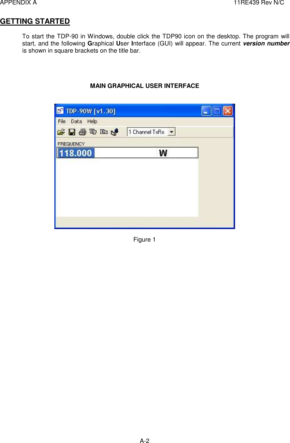 APPENDIX A  11RE439 Rev N/C A-2  GETTING STARTED  To start the TDP-90 in Windows, double click the TDP90 icon on the desktop. The program will start, and the following Graphical User Interface (GUI) will appear. The current version number is shown in square brackets on the title bar.     MAIN GRAPHICAL USER INTERFACE     Figure 1                           