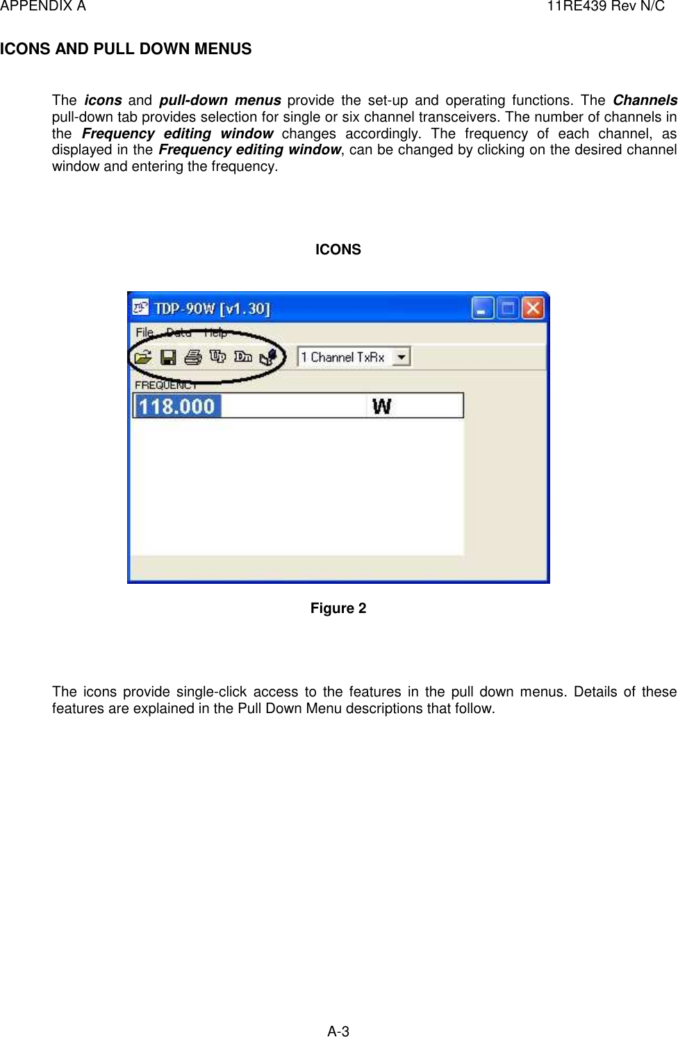 APPENDIX A  11RE439 Rev N/C A-3  ICONS AND PULL DOWN MENUS   The  icons  and  pull-down menus  provide  the  set-up  and  operating  functions.  The  Channels pull-down tab provides selection for single or six channel transceivers. The number of channels in the  Frequency  editing  window  changes  accordingly.  The  frequency  of  each  channel,  as displayed in the Frequency editing window, can be changed by clicking on the desired channel window and entering the frequency.     ICONS     Figure 2     The  icons provide single-click access to  the  features  in  the  pull down menus.  Details  of  these features are explained in the Pull Down Menu descriptions that follow.                 