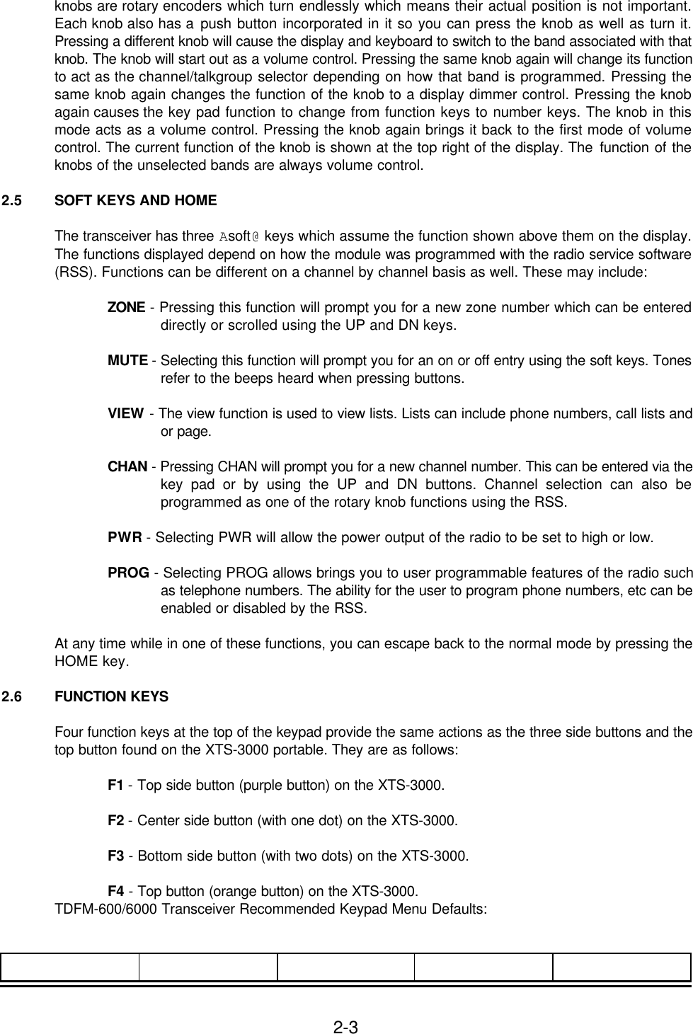 2-3knobs are rotary encoders which turn endlessly which means their actual position is not important.Each knob also has a push button incorporated in it so you can press the knob as well as turn it.Pressing a different knob will cause the display and keyboard to switch to the band associated with thatknob. The knob will start out as a volume control. Pressing the same knob again will change its functionto act as the channel/talkgroup selector depending on how that band is programmed. Pressing thesame knob again changes the function of the knob to a display dimmer control. Pressing the knobagain causes the key pad function to change from function keys to number keys. The knob in thismode acts as a volume control. Pressing the knob again brings it back to the first mode of volumecontrol. The current function of the knob is shown at the top right of the display. The function of theknobs of the unselected bands are always volume control.2.5 SOFT KEYS AND HOMEThe transceiver has three Asoft@ keys which assume the function shown above them on the display.The functions displayed depend on how the module was programmed with the radio service software(RSS). Functions can be different on a channel by channel basis as well. These may include:ZONE - Pressing this function will prompt you for a new zone number which can be entereddirectly or scrolled using the UP and DN keys.MUTE - Selecting this function will prompt you for an on or off entry using the soft keys. Tonesrefer to the beeps heard when pressing buttons.VIEW - The view function is used to view lists. Lists can include phone numbers, call lists andor page.CHAN - Pressing CHAN will prompt you for a new channel number. This can be entered via thekey pad or by using the UP and DN buttons. Channel selection can also beprogrammed as one of the rotary knob functions using the RSS.PWR - Selecting PWR will allow the power output of the radio to be set to high or low.PROG - Selecting PROG allows brings you to user programmable features of the radio suchas telephone numbers. The ability for the user to program phone numbers, etc can beenabled or disabled by the RSS.At any time while in one of these functions, you can escape back to the normal mode by pressing theHOME key.2.6 FUNCTION KEYSFour function keys at the top of the keypad provide the same actions as the three side buttons and thetop button found on the XTS-3000 portable. They are as follows:F1 - Top side button (purple button) on the XTS-3000.F2 - Center side button (with one dot) on the XTS-3000.F3 - Bottom side button (with two dots) on the XTS-3000.F4 - Top button (orange button) on the XTS-3000.TDFM-600/6000 Transceiver Recommended Keypad Menu Defaults:
