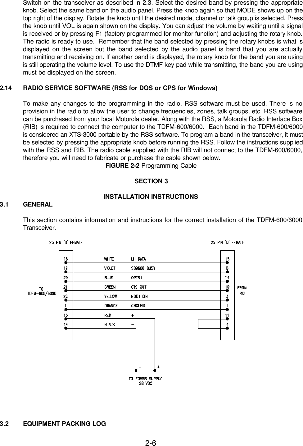 2-6Switch on the transceiver as described in 2.3. Select the desired band by pressing the appropriateknob. Select the same band on the audio panel. Press the knob again so that MODE shows up on thetop right of the display. Rotate the knob until the desired mode, channel or talk group is selected. Pressthe knob until VOL is again shown on the display. You can adjust the volume by waiting until a signalis received or by pressing F1 (factory programmed for monitor function) and adjusting the rotary knob.The radio is ready to use.  Remember that the band selected by pressing the rotary knobs is what isdisplayed on the screen but the band selected by the audio panel is band that you are actuallytransmitting and receiving on. If another band is displayed, the rotary knob for the band you are usingis still operating the volume level. To use the DTMF key pad while transmitting, the band you are usingmust be displayed on the screen.2.14 RADIO SERVICE SOFTWARE (RSS for DOS or CPS for Windows)To make any changes to the programming in the radio, RSS software must be used. There is noprovision in the radio to allow the user to change frequencies, zones, talk groups, etc. RSS softwarecan be purchased from your local Motorola dealer. Along with the RSS, a Motorola Radio Interface Box(RIB) is required to connect the computer to the TDFM-600/6000.  Each band in the TDFM-600/6000is considered an XTS-3000 portable by the RSS software. To program a band in the transceiver, it mustbe selected by pressing the appropriate knob before running the RSS. Follow the instructions suppliedwith the RSS and RIB. The radio cable supplied with the RIB will not connect to the TDFM-600/6000,therefore you will need to fabricate or purchase the cable shown below.FIGURE 2-2 Programming CableSECTION 3INSTALLATION INSTRUCTIONS3.1 GENERALThis section contains information and instructions for the correct installation of the TDFM-600/6000Transceiver.3.2 EQUIPMENT PACKING LOG