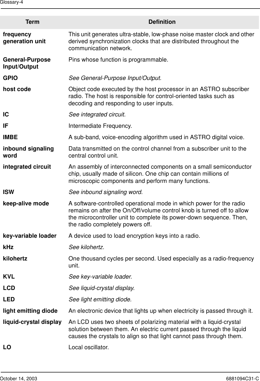 October 14, 2003 6881094C31-CGlossary-4frequency generation unit This unit generates ultra-stable, low-phase noise master clock and other derived synchronization clocks that are distributed throughout the communication network.General-Purpose Input/Output Pins whose function is programmable.GPIO See General-Purpose Input/Output.host code Object code executed by the host processor in an ASTRO subscriber radio. The host is responsible for control-oriented tasks such as decoding and responding to user inputs.IC See integrated circuit.IF Intermediate Frequency.IMBE A sub-band, voice-encoding algorithm used in ASTRO digital voice.inbound signaling word Data transmitted on the control channel from a subscriber unit to the central control unit.integrated circuit An assembly of interconnected components on a small semiconductor chip, usually made of silicon. One chip can contain millions of microscopic components and perform many functions.ISW See inbound signaling word.keep-alive mode A software-controlled operational mode in which power for the radio remains on after the On/Off/volume control knob is turned off to allow the microcontroller unit to complete its power-down sequence. Then, the radio completely powers off.key-variable loader A device used to load encryption keys into a radio.kHz See kilohertz.kilohertz One thousand cycles per second. Used especially as a radio-frequency unit.KVL See key-variable loader.LCD See liquid-crystal display.LED See light emitting diode.light emitting diode An electronic device that lights up when electricity is passed through it.liquid-crystal display An LCD uses two sheets of polarizing material with a liquid-crystal solution between them. An electric current passed through the liquid causes the crystals to align so that light cannot pass through them.LO Local oscillator.Term Definition
