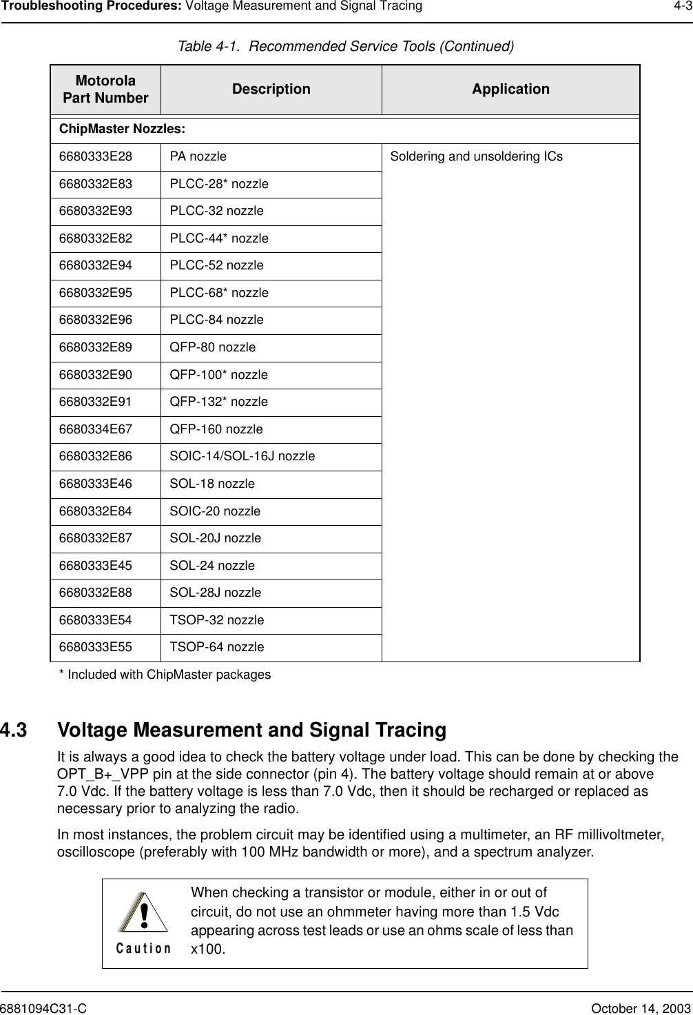 6881094C31-C October 14, 2003Troubleshooting Procedures: Voltage Measurement and Signal Tracing 4-34.3 Voltage Measurement and Signal TracingIt is always a good idea to check the battery voltage under load. This can be done by checking the OPT_B+_VPP pin at the side connector (pin 4). The battery voltage should remain at or above 7.0 Vdc. If the battery voltage is less than 7.0 Vdc, then it should be recharged or replaced as necessary prior to analyzing the radio.In most instances, the problem circuit may be identified using a multimeter, an RF millivoltmeter, oscilloscope (preferably with 100 MHz bandwidth or more), and a spectrum analyzer.ChipMaster Nozzles:6680333E28 PA nozzle Soldering and unsoldering ICs6680332E83 PLCC-28* nozzle6680332E93 PLCC-32 nozzle6680332E82 PLCC-44* nozzle6680332E94 PLCC-52 nozzle6680332E95 PLCC-68* nozzle6680332E96 PLCC-84 nozzle6680332E89 QFP-80 nozzle6680332E90 QFP-100* nozzle6680332E91 QFP-132* nozzle6680334E67 QFP-160 nozzle6680332E86 SOIC-14/SOL-16J nozzle6680333E46 SOL-18 nozzle6680332E84 SOIC-20 nozzle6680332E87 SOL-20J nozzle6680333E45 SOL-24 nozzle6680332E88 SOL-28J nozzle6680333E54 TSOP-32 nozzle6680333E55 TSOP-64 nozzle* Included with ChipMaster packagesWhen checking a transistor or module, either in or out of circuit, do not use an ohmmeter having more than 1.5 Vdc appearing across test leads or use an ohms scale of less than x100.Table 4-1.  Recommended Service Tools (Continued)MotorolaPart Number Description Application!C a u t i o n