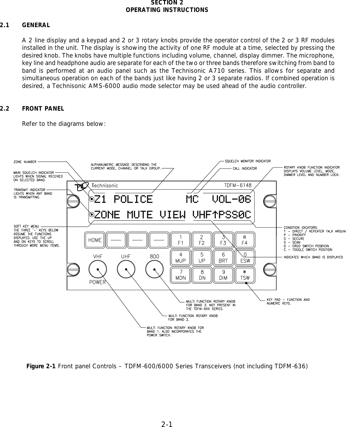 2-1    SECTION 2 OPERATING INSTRUCTIONS  2.1 GENERAL  A 2 line display and a keypad and 2 or 3 rotary knobs provide the operator control of the 2 or 3 RF modules installed in the unit. The display is showing the activity of one RF module at a time, selected by pressing the desired knob. The knobs have multiple functions including volume, channel, display dimmer. The microphone, key line and headphone audio are separate for each of the two or three bands therefore switching from band to band is performed at an audio panel such as the Technisonic A710 series. This allows for separate and simultaneous operation on each of the bands just like having 2 or 3 separate radios. If combined operation is desired, a Technisonic AMS-6000 audio mode selector may be used ahead of the audio controller.   2.2 FRONT PANEL  Refer to the diagrams below:      Figure 2-1 Front panel Controls – TDFM-600/6000 Series Transceivers (not including TDFM-636)      