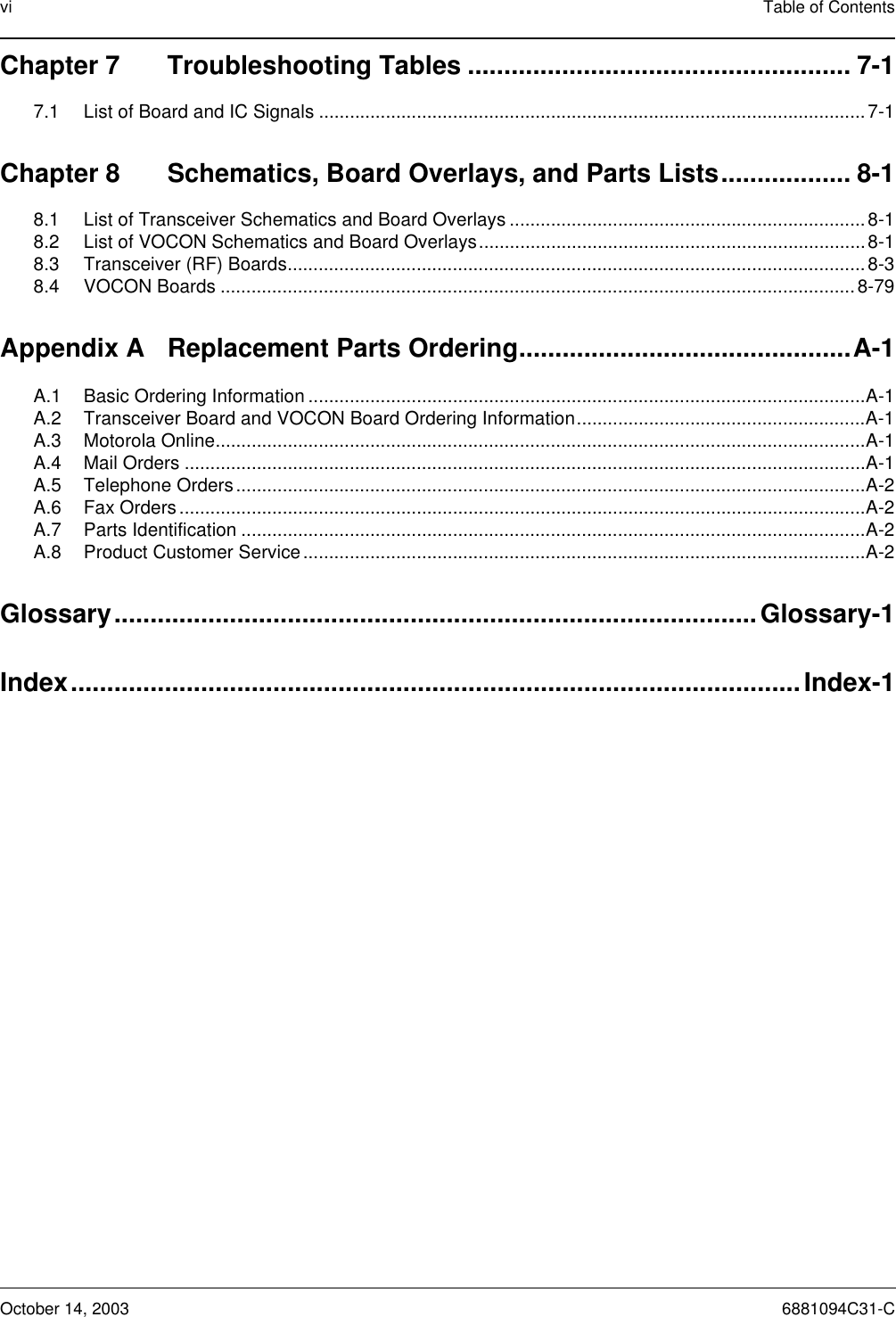 vi Table of ContentsOctober 14, 2003 6881094C31-CChapter 7 Troubleshooting Tables ..................................................... 7-17.1 List of Board and IC Signals .......................................................................................................... 7-1Chapter 8 Schematics, Board Overlays, and Parts Lists.................. 8-18.1 List of Transceiver Schematics and Board Overlays .....................................................................8-18.2 List of VOCON Schematics and Board Overlays...........................................................................8-18.3 Transceiver (RF) Boards................................................................................................................8-38.4 VOCON Boards ........................................................................................................................... 8-79Appendix A Replacement Parts Ordering..............................................A-1A.1 Basic Ordering Information ............................................................................................................A-1A.2 Transceiver Board and VOCON Board Ordering Information........................................................A-1A.3 Motorola Online..............................................................................................................................A-1A.4 Mail Orders ....................................................................................................................................A-1A.5 Telephone Orders..........................................................................................................................A-2A.6 Fax Orders.....................................................................................................................................A-2A.7 Parts Identification .........................................................................................................................A-2A.8 Product Customer Service.............................................................................................................A-2Glossary.........................................................................................Glossary-1Index.....................................................................................................Index-1