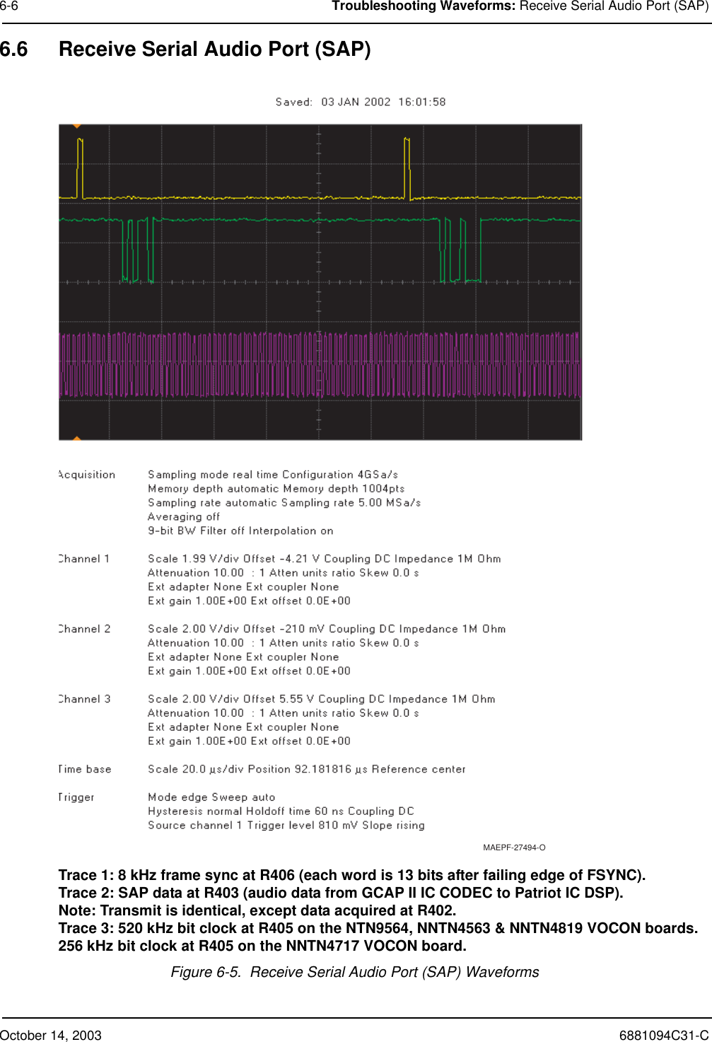 October 14, 2003 6881094C31-C6-6 Troubleshooting Waveforms: Receive Serial Audio Port (SAP)6.6 Receive Serial Audio Port (SAP)Trace 1: 8 kHz frame sync at R406 (each word is 13 bits after failing edge of FSYNC).Trace 2: SAP data at R403 (audio data from GCAP II IC CODEC to Patriot IC DSP).Note: Transmit is identical, except data acquired at R402.Trace 3: 520 kHz bit clock at R405 on the NTN9564, NNTN4563 &amp; NNTN4819 VOCON boards. 256 kHz bit clock at R405 on the NNTN4717 VOCON board.Figure 6-5.  Receive Serial Audio Port (SAP) WaveformsMAEPF-27494-O