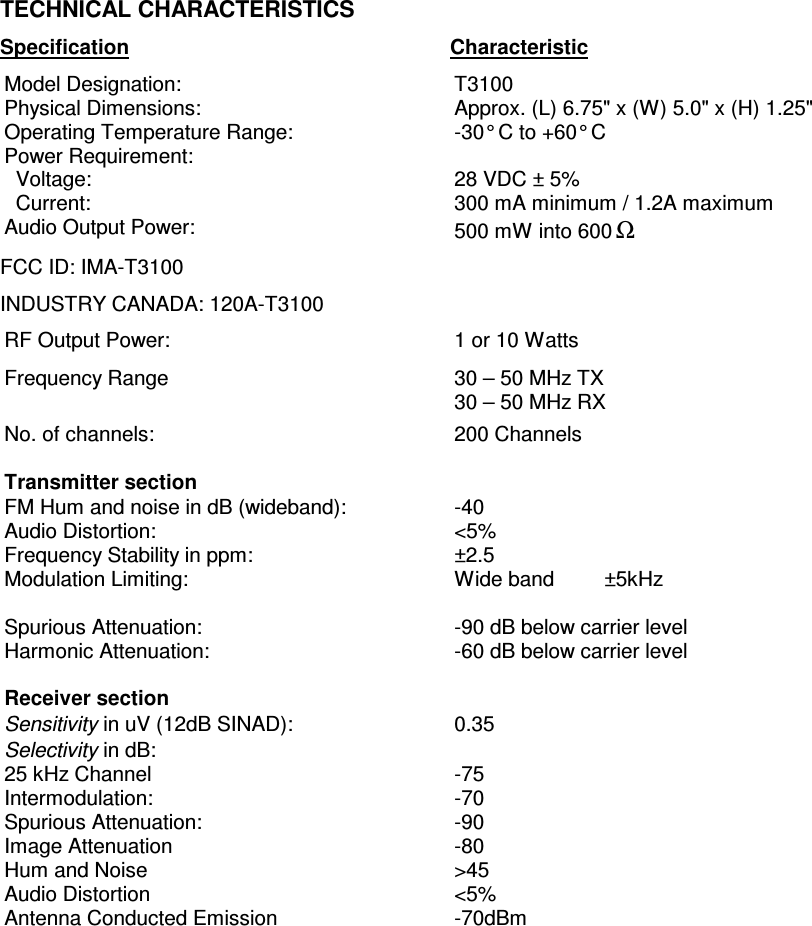      TECHNICAL CHARACTERISTICS Specification     Characteristic Model Designation:  T3100 Physical Dimensions:  Approx. (L) 6.75&quot; x (W) 5.0&quot; x (H) 1.25&quot; Operating Temperature Range:  -30° C to +60° C Power Requirement:   Voltage:   Current:  28 VDC ± 5% 300 mA minimum / 1.2A maximum Audio Output Power:  500 mW into 600Ω FCC ID: IMA-T3100 INDUSTRY CANADA: 120A-T3100 RF Output Power:  1 or 10 Watts Frequency Range  30 – 50 MHz TX 30 – 50 MHz RX No. of channels:  200 Channels    Transmitter section   FM Hum and noise in dB (wideband): Audio Distortion: Frequency Stability in ppm: Modulation Limiting:  Spurious Attenuation: Harmonic Attenuation: -40 &lt;5% ±2.5 Wide band   ±5kHz  -90 dB below carrier level -60 dB below carrier level  Receiver section   Sensitivity in uV (12dB SINAD):  0.35 Selectivity in dB: 25 kHz Channel Intermodulation: Spurious Attenuation: Image Attenuation Hum and Noise Audio Distortion Antenna Conducted Emission  -75 -70 -90 -80 &gt;45 &lt;5% -70dBm   