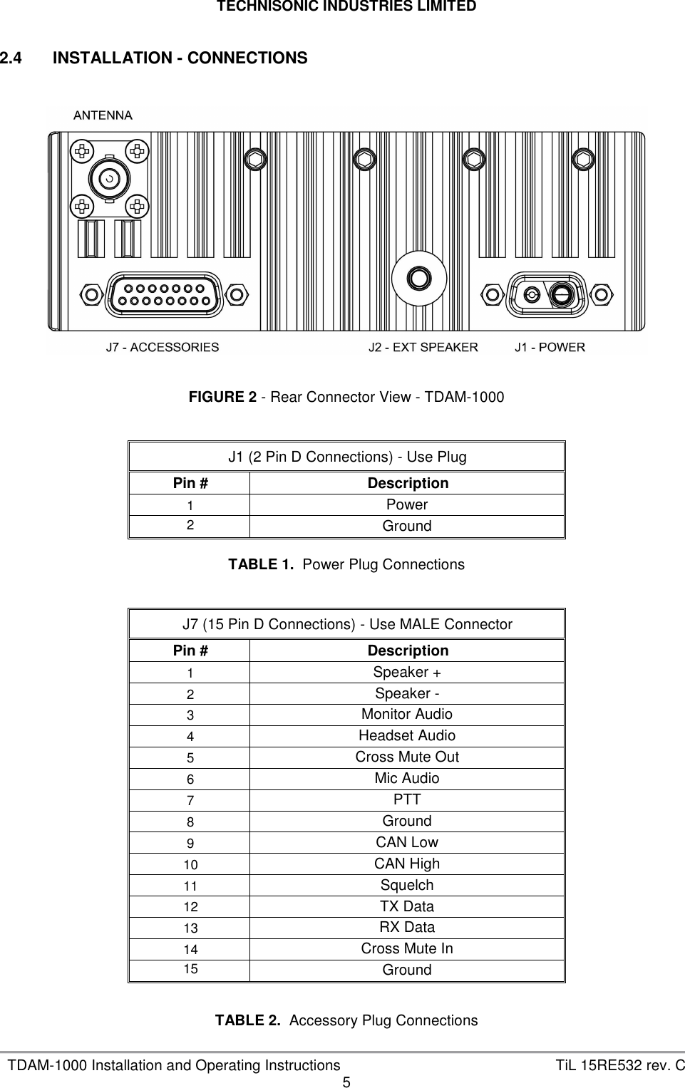 TECHNISONIC INDUSTRIES LIMITED   TDAM-1000 Installation and Operating Instructions  TiL 15RE532 rev. C 5  2.4  INSTALLATION - CONNECTIONS      FIGURE 2 - Rear Connector View - TDAM-1000   J1 (2 Pin D Connections) - Use Plug Pin #  Description 1 Power 2 Ground  TABLE 1.  Power Plug Connections   J7 (15 Pin D Connections) - Use MALE Connector Pin #  Description 1 Speaker + 2 Speaker - 3 Monitor Audio 4 Headset Audio 5 Cross Mute Out  6 Mic Audio 7 PTT 8 Ground 9 CAN Low 10 CAN High 11 Squelch 12 TX Data 13 RX Data 14 Cross Mute In 15 Ground  TABLE 2.  Accessory Plug Connections 