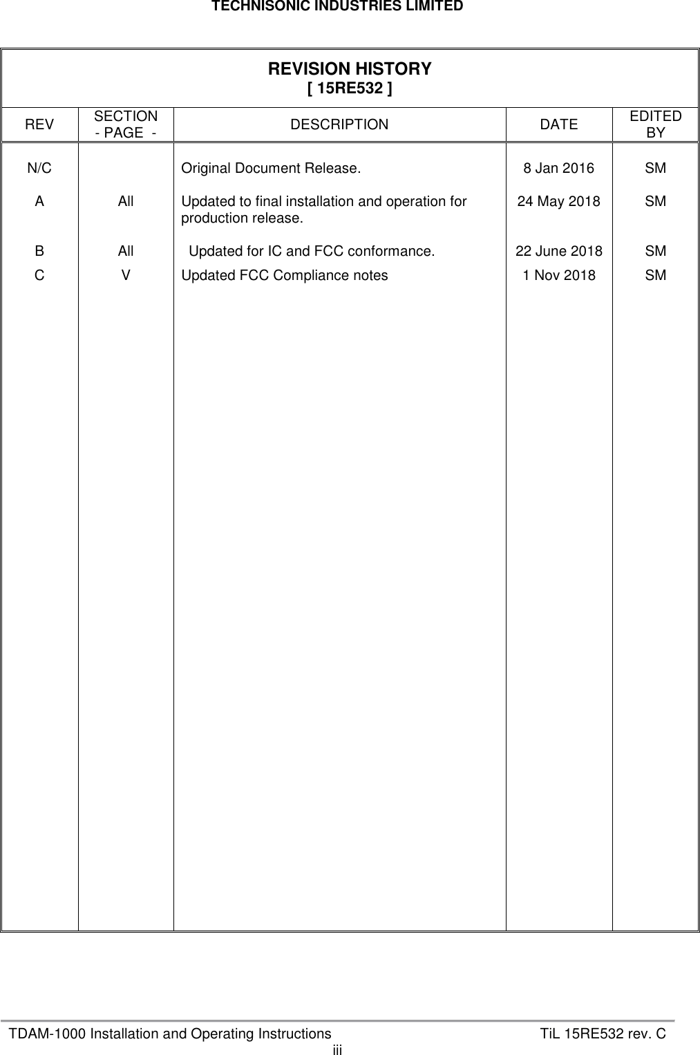 TECHNISONIC INDUSTRIES LIMITED   TDAM-1000 Installation and Operating Instructions  TiL 15RE532 rev. C iii  REVISION HISTORY [ 15RE532 ] REV  SECTION - PAGE  -  DESCRIPTION  DATE  EDITED BY          N/C  A     All Original Document Release.  Updated to final installation and operation for production release. 8 Jan 2016  24 May 2018 SM  SM          B  All  Updated for IC and FCC conformance.  22 June 2018  SM C  V  Updated FCC Compliance notes  1 Nov 2018  SM                                                                                                                                                                                                                                                                                                                                                           