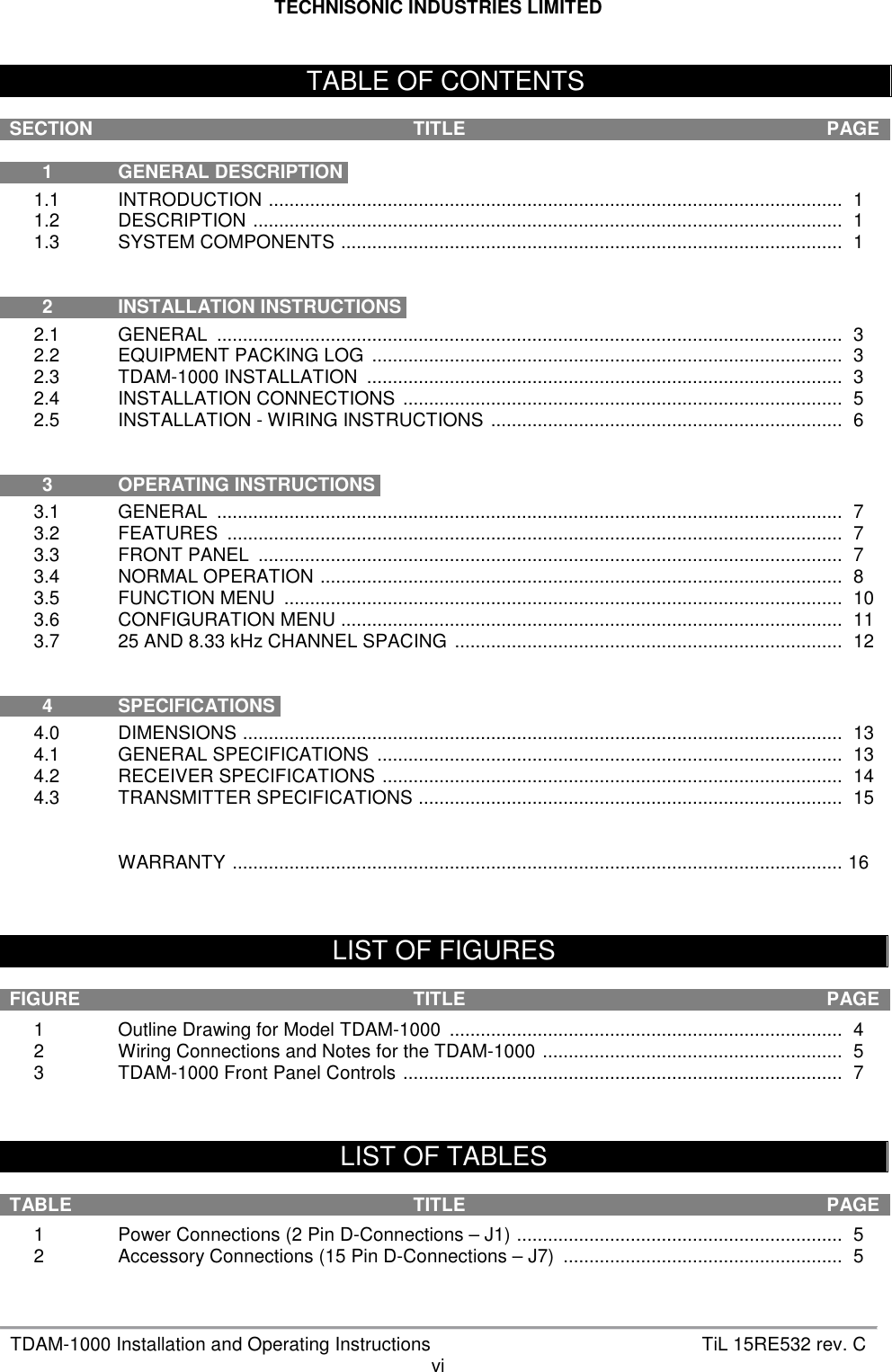 TECHNISONIC INDUSTRIES LIMITED   TDAM-1000 Installation and Operating Instructions  TiL 15RE532 rev. C vi   SECTION TITLE  PAGE     1  GENERAL DESCRIPTION B 1.1  INTRODUCTION  ...............................................................................................................   1 1.2  DESCRIPTION  ..................................................................................................................   1 1.3  SYSTEM COMPONENTS  .................................................................................................   1      2  INSTALLATION INSTRUCTIONS B 2.1  GENERAL  .........................................................................................................................   3 2.2  EQUIPMENT PACKING LOG  ...........................................................................................   3 2.3  TDAM-1000 INSTALLATION  ............................................................................................   3 2.4  INSTALLATION CONNECTIONS  .....................................................................................   5 2.5  INSTALLATION - WIRING INSTRUCTIONS  ....................................................................   6      3  OPERATING INSTRUCTIONS B 3.1  GENERAL  .........................................................................................................................   7 3.2  FEATURES  .......................................................................................................................   7 3.3  FRONT PANEL  .................................................................................................................   7 3.4  NORMAL OPERATION  .....................................................................................................   8 3.5  FUNCTION MENU  ............................................................................................................   10 3.6  CONFIGURATION MENU .................................................................................................   11 3.7  25 AND 8.33 kHz CHANNEL SPACING  ...........................................................................   12     4  SPECIFICATIONS B 4.0  DIMENSIONS  ....................................................................................................................   13 4.1  GENERAL SPECIFICATIONS  ..........................................................................................   13 4.2  RECEIVER SPECIFICATIONS  .........................................................................................   14 4.3  TRANSMITTER SPECIFICATIONS  ..................................................................................   15   WARRANTY  ......................................................................................................................  16    FIGURE TITLE  PAGE  1  Outline Drawing for Model TDAM-1000  ............................................................................   4 2  Wiring Connections and Notes for the TDAM-1000  ..........................................................   5 3  TDAM-1000 Front Panel Controls  .....................................................................................   7    TABLE TITLE  PAGE  1  Power Connections (2 Pin D-Connections – J1)  ...............................................................   5 2  Accessory Connections (15 Pin D-Connections – J7)  ......................................................   5  TABLE OF CONTENTS LIST OF FIGURES LIST OF TABLES 