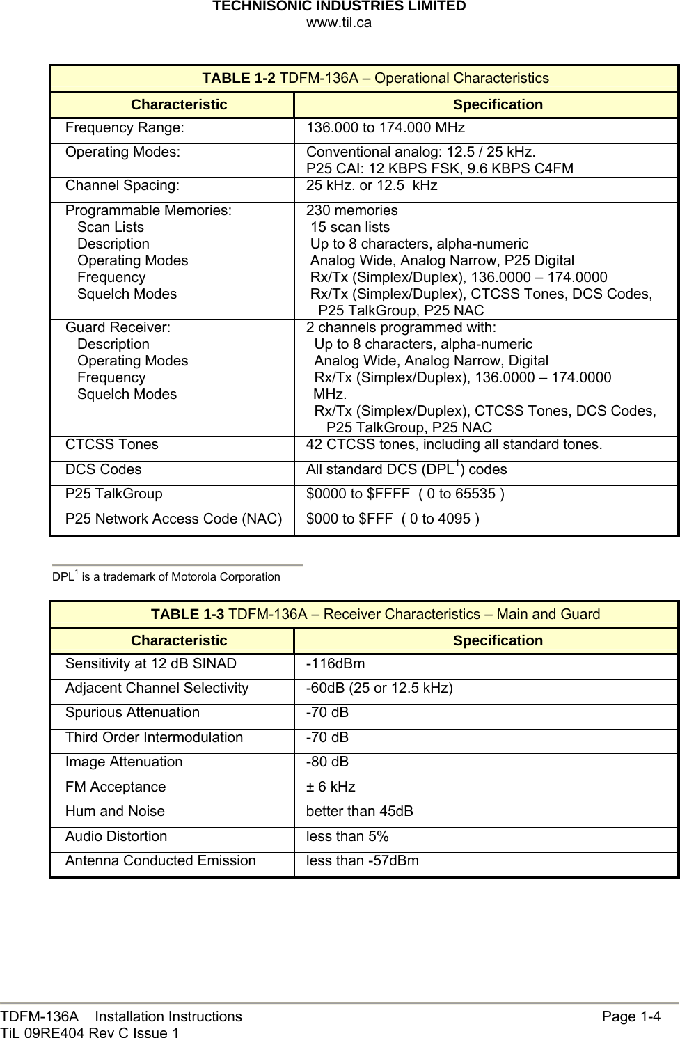 TECHNISONIC INDUSTRIES LIMITED www.til.ca   TDFM-136A    Installation Instructions                     Page 1-4 TiL 09RE404 Rev C Issue 1  TABLE 1-2 TDFM-136A – Operational Characteristics Characteristic  Specification Frequency Range:  136.000 to 174.000 MHz Operating Modes:  Conventional analog: 12.5 / 25 kHz. P25 CAI: 12 KBPS FSK, 9.6 KBPS C4FM Channel Spacing:  25 kHz. or 12.5  kHz Programmable Memories:    Scan Lists    Description    Operating Modes    Frequency    Squelch Modes 230 memories  15 scan lists  Up to 8 characters, alpha-numeric   Analog Wide, Analog Narrow, P25 Digital  Rx/Tx (Simplex/Duplex), 136.0000 – 174.0000  Rx/Tx (Simplex/Duplex), CTCSS Tones, DCS Codes,    P25 TalkGroup, P25 NAC Guard Receiver:    Description    Operating Modes    Frequency    Squelch Modes 2 channels programmed with:   Up to 8 characters, alpha-numeric    Analog Wide, Analog Narrow, Digital   Rx/Tx (Simplex/Duplex), 136.0000 – 174.0000 MHz.   Rx/Tx (Simplex/Duplex), CTCSS Tones, DCS Codes,      P25 TalkGroup, P25 NAC CTCSS Tones  42 CTCSS tones, including all standard tones. DCS Codes  All standard DCS (DPL1) codes P25 TalkGroup  $0000 to $FFFF  ( 0 to 65535 )  P25 Network Access Code (NAC)  $000 to $FFF  ( 0 to 4095 )   DPL1 is a trademark of Motorola Corporation  TABLE 1-3 TDFM-136A – Receiver Characteristics – Main and Guard Characteristic  Specification Sensitivity at 12 dB SINAD  -116dBm Adjacent Channel Selectivity  -60dB (25 or 12.5 kHz) Spurious Attenuation  -70 dB Third Order Intermodulation  -70 dB Image Attenuation  -80 dB FM Acceptance   ± 6 kHz Hum and Noise  better than 45dB Audio Distortion  less than 5% Antenna Conducted Emission  less than -57dBm     