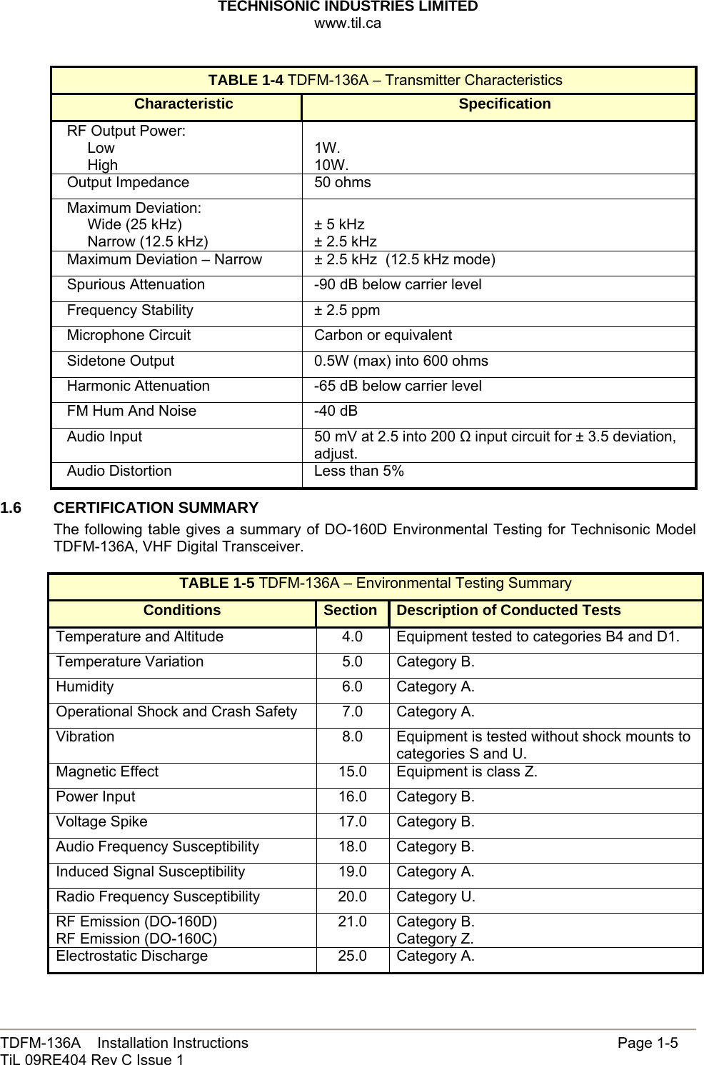 TECHNISONIC INDUSTRIES LIMITED www.til.ca   TDFM-136A    Installation Instructions                     Page 1-5 TiL 09RE404 Rev C Issue 1  TABLE 1-4 TDFM-136A – Transmitter Characteristics Characteristic Specification RF Output Power:      Low      High  1W. 10W. Output Impedance  50 ohms Maximum Deviation:      Wide (25 kHz)      Narrow (12.5 kHz)  ± 5 kHz  ± 2.5 kHz Maximum Deviation – Narrow  ± 2.5 kHz  (12.5 kHz mode) Spurious Attenuation  -90 dB below carrier level Frequency Stability  ± 2.5 ppm Microphone Circuit  Carbon or equivalent Sidetone Output  0.5W (max) into 600 ohms Harmonic Attenuation  -65 dB below carrier level FM Hum And Noise  -40 dB Audio Input  50 mV at 2.5 into 200 Ω input circuit for ± 3.5 deviation, adjust. Audio Distortion  Less than 5% 1.6 CERTIFICATION SUMMARY The following table gives a summary of DO-160D Environmental Testing for Technisonic Model TDFM-136A, VHF Digital Transceiver.   TABLE 1-5 TDFM-136A – Environmental Testing Summary Conditions  Section  Description of Conducted Tests Temperature and Altitude  4.0  Equipment tested to categories B4 and D1. Temperature Variation  5.0  Category B. Humidity 6.0 Category A. Operational Shock and Crash Safety 7.0 Category A. Vibration  8.0  Equipment is tested without shock mounts to categories S and U. Magnetic Effect  15.0  Equipment is class Z. Power Input  16.0  Category B. Voltage Spike  17.0  Category B. Audio Frequency Susceptibility  18.0  Category B. Induced Signal Susceptibility  19.0  Category A. Radio Frequency Susceptibility  20.0  Category U. RF Emission (DO-160D) RF Emission (DO-160C) 21.0 Category B. Category Z. Electrostatic Discharge  25.0  Category A. 