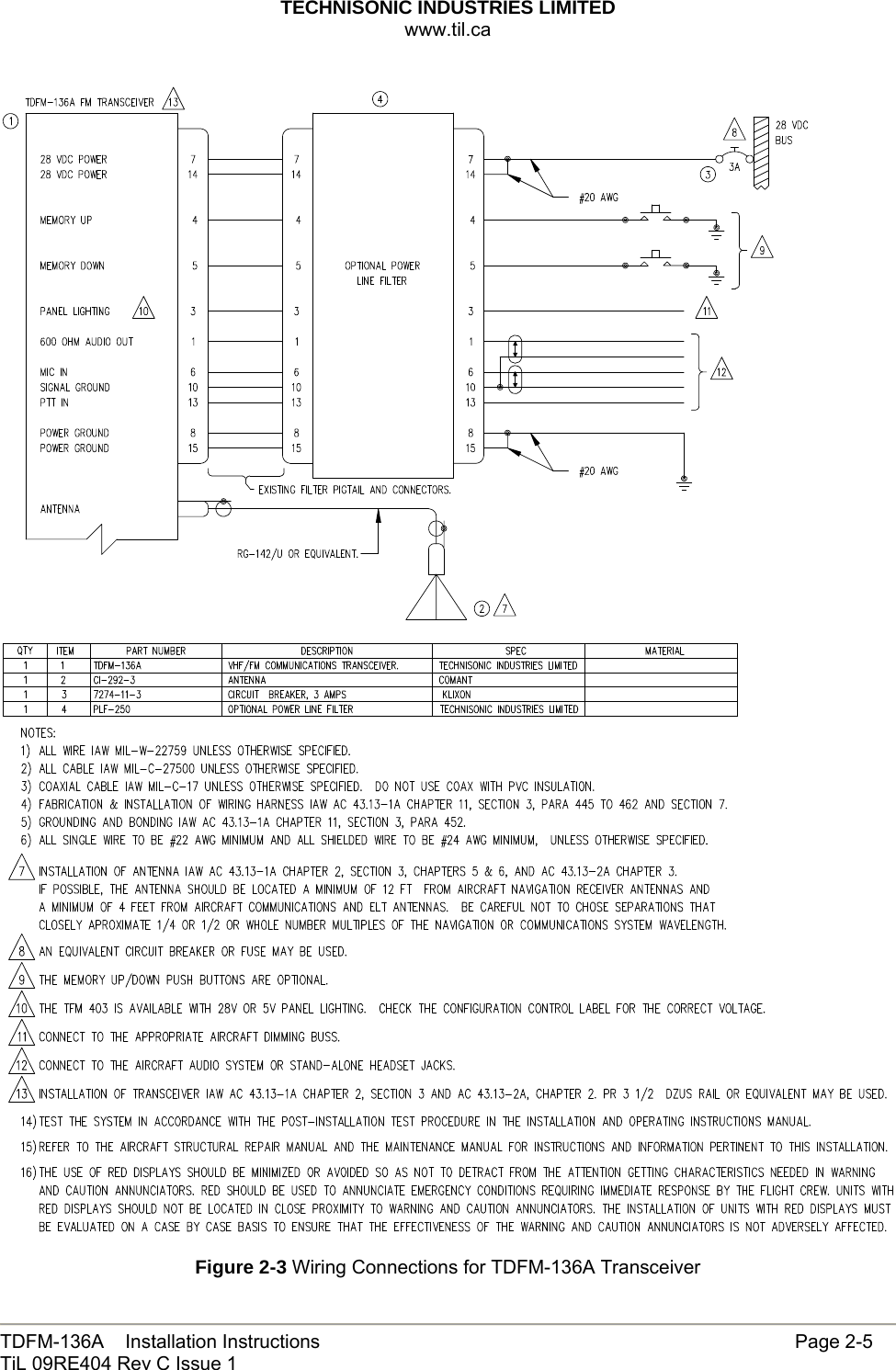 TECHNISONIC INDUSTRIES LIMITED www.til.ca   TDFM-136A    Installation Instructions                     Page 2-5 TiL 09RE404 Rev C Issue 1      Figure 2-3 Wiring Connections for TDFM-136A Transceiver 